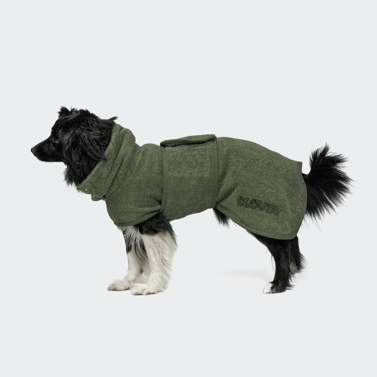 Solid-colored Cloud7 Wannsee luxury dog bathrobe made from thick, absorbent organic cotton terry cloth.