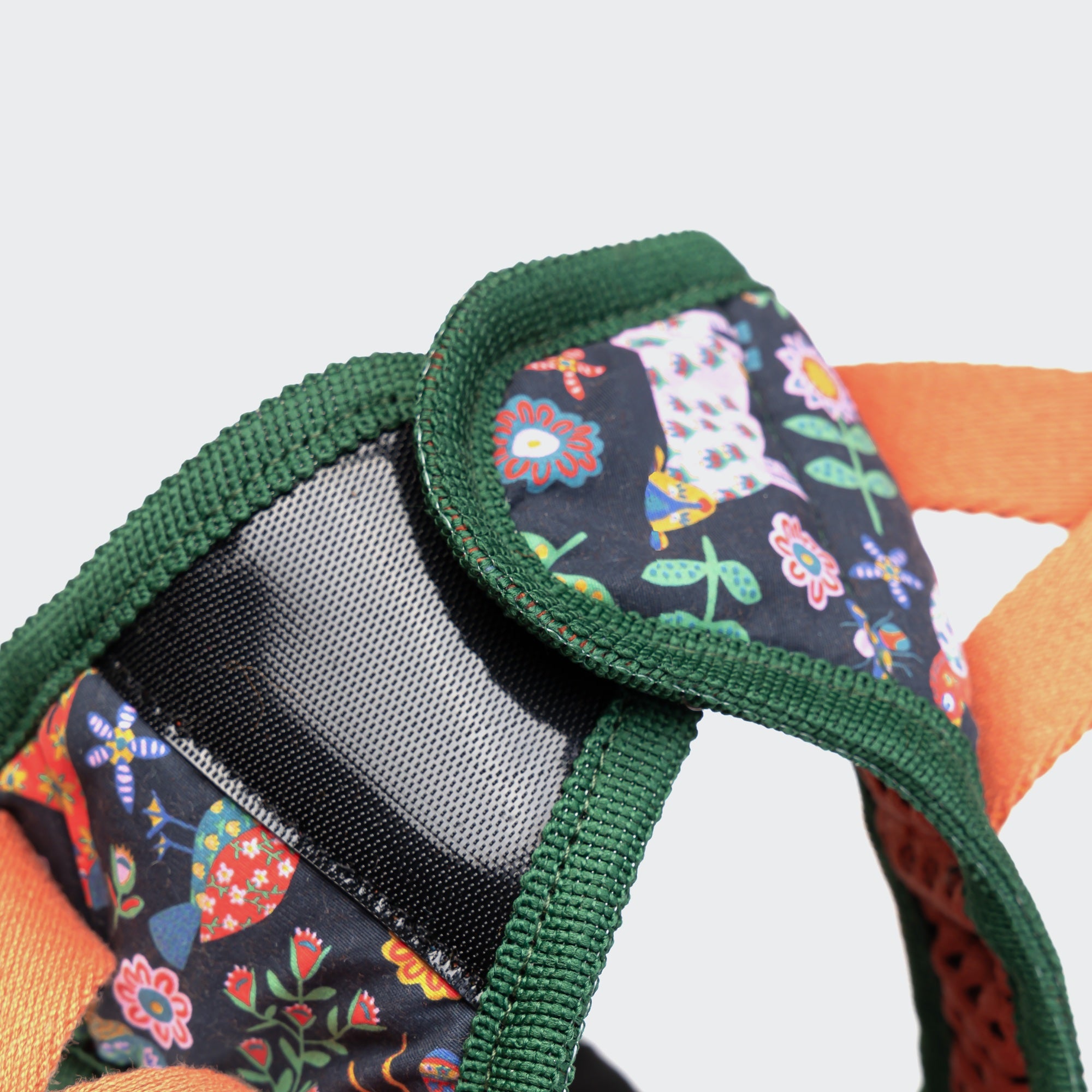 Cloud7 Holly Park step-in dog harness featuring Liberty London floral animal print and orange mesh lining.