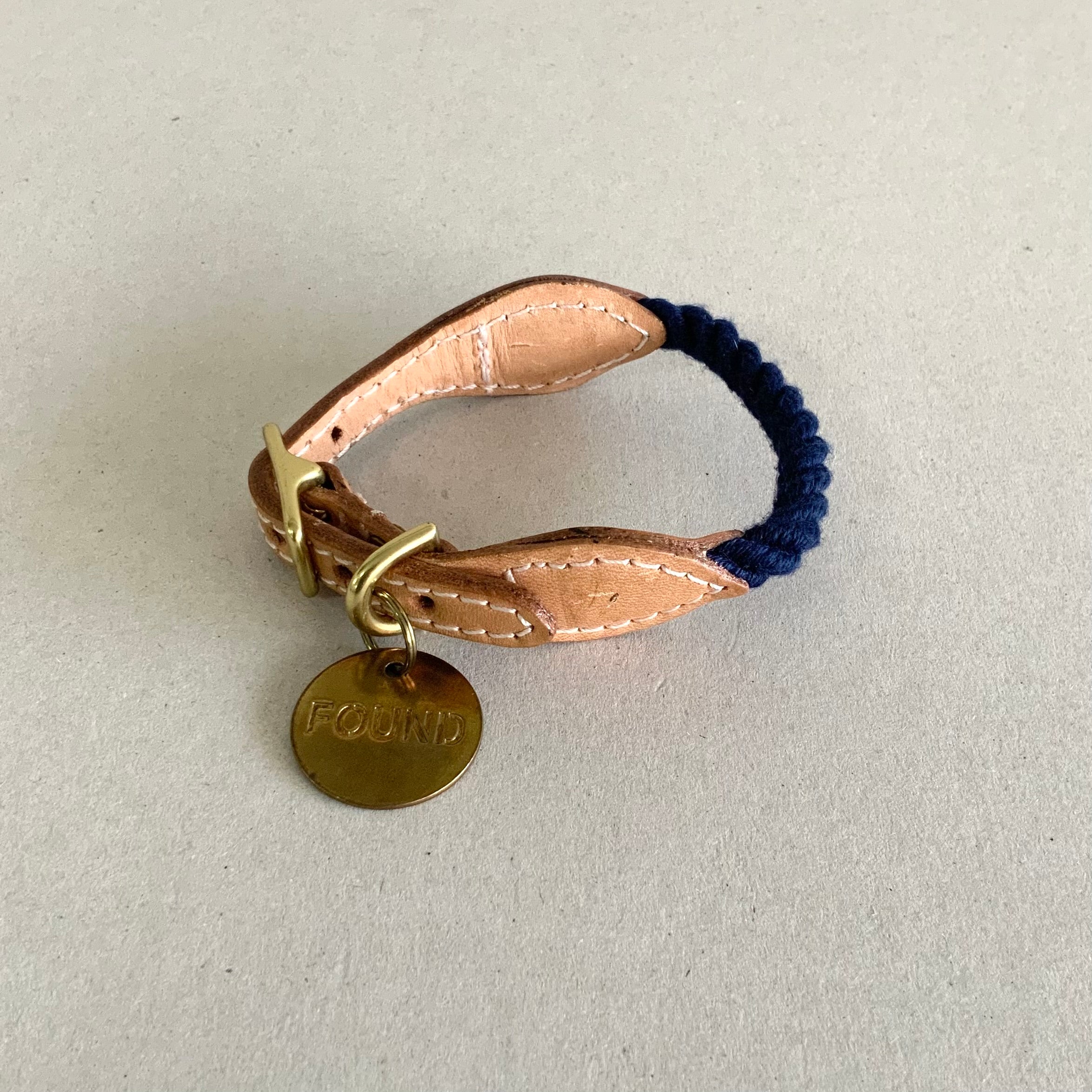 Cotton Rope and Leather Collar for Dogs and Cats, Navy