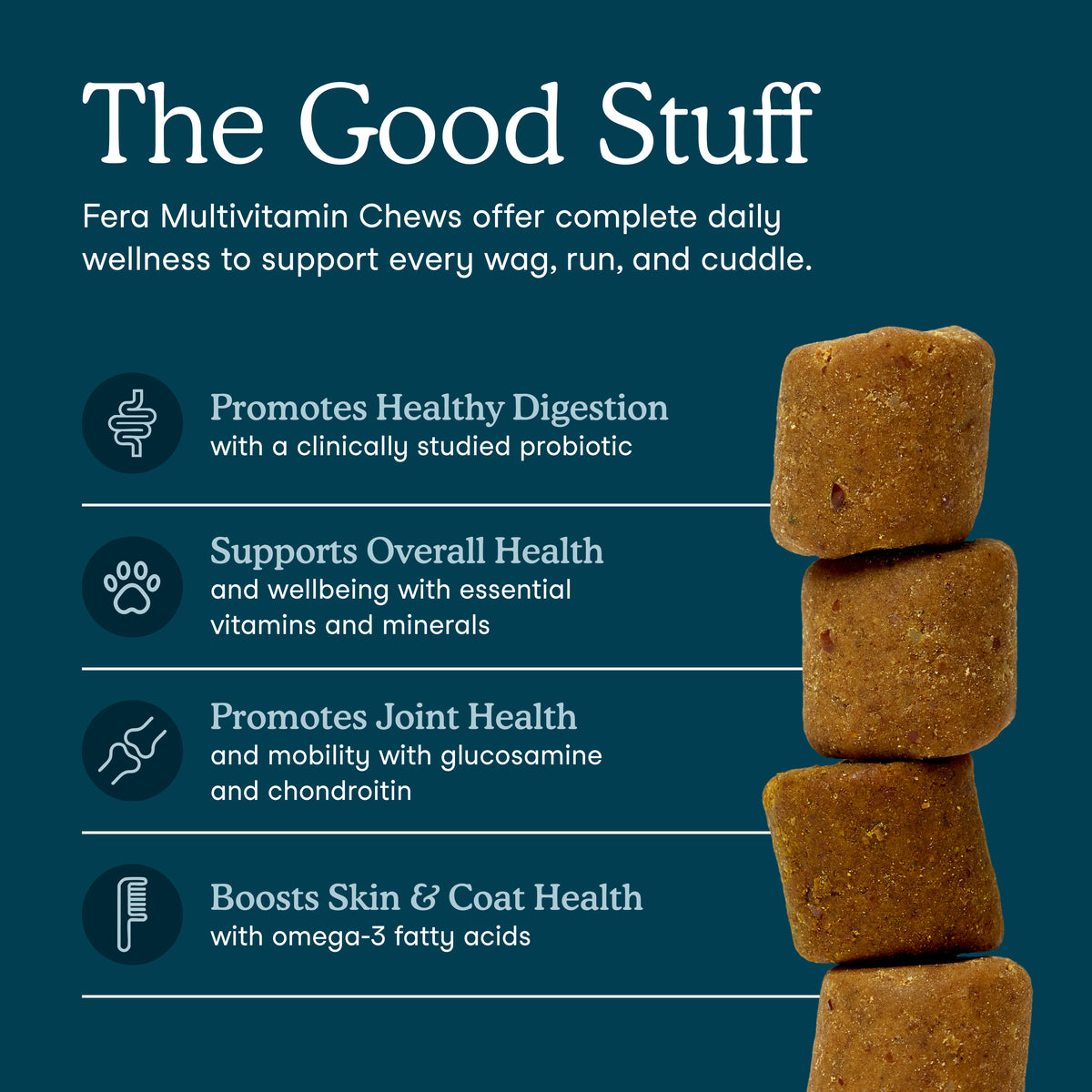 Fera Pets Organic All-in-one dog multivitamin soft chews for daily wellness and joint health containing glucosamine and fish oil