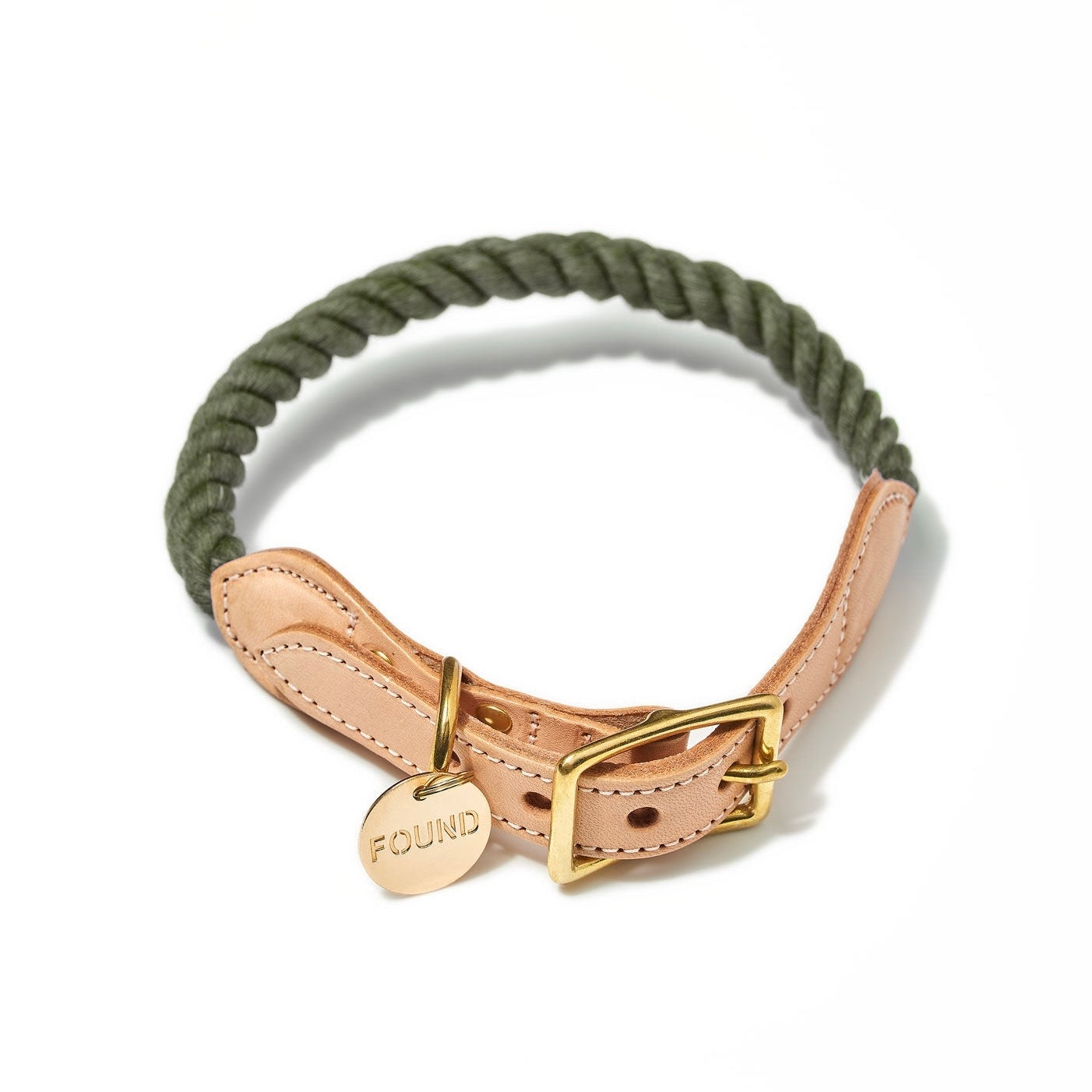 Rope and Leather Dog Collar, Upcycled Olive