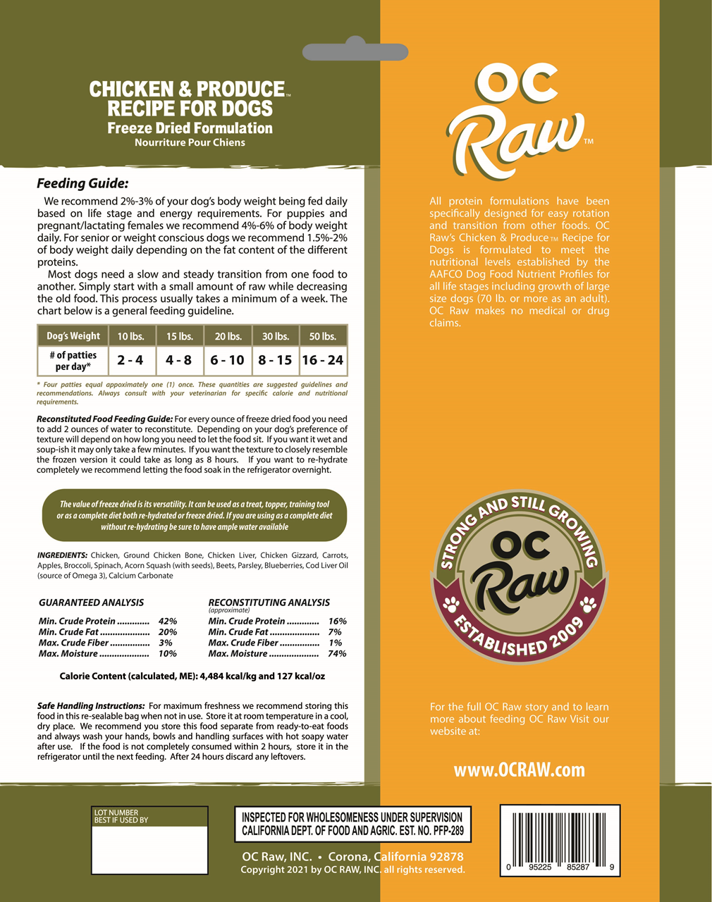 OC Raw Dog Food Freeze Dried Raw Chicken & Produce Sliders 14oz