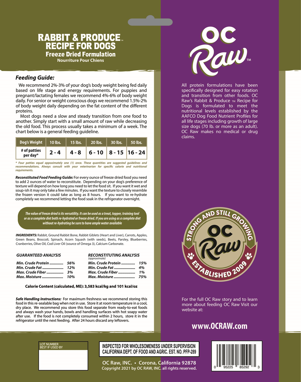 OC Raw Dog Food Freeze Dried Raw Rabbit & Produce Sliders 14oz