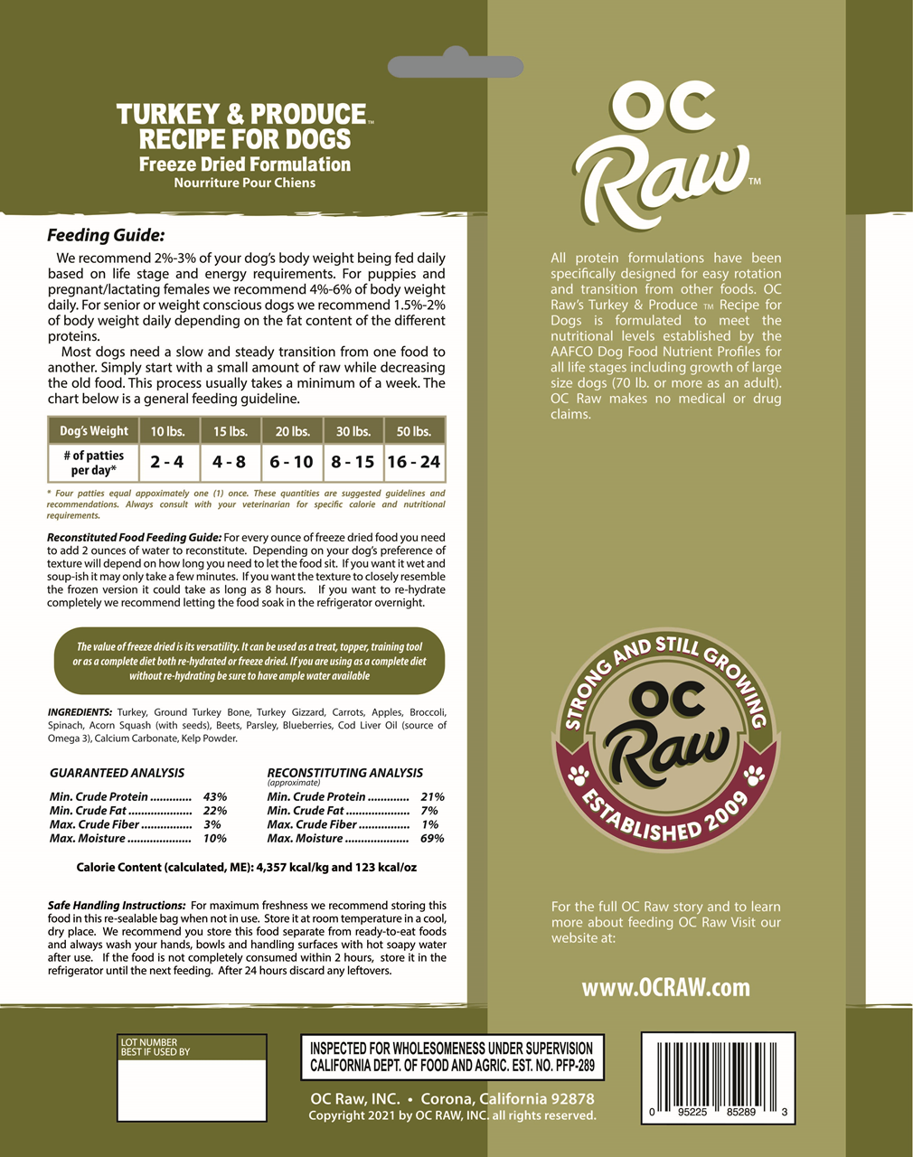 OC Raw Dog Food Freeze Dried Raw Turkey & Produce Sliders 14oz