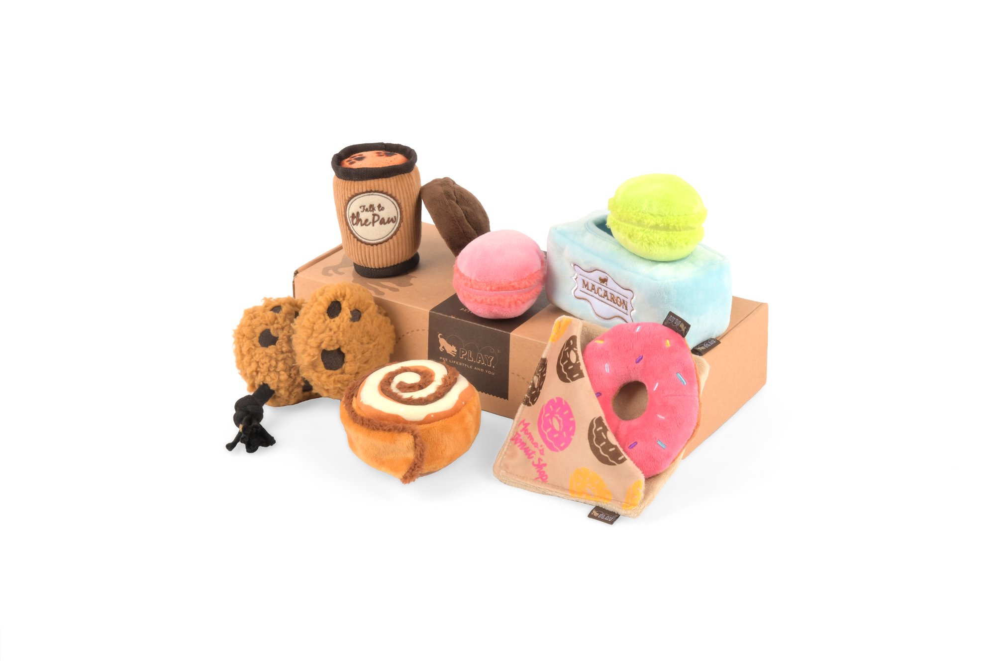 P.L.A.Y. Pup Cup Cafe Squeaky Plush Dog toys, Cookies n' Treats (mini sized)