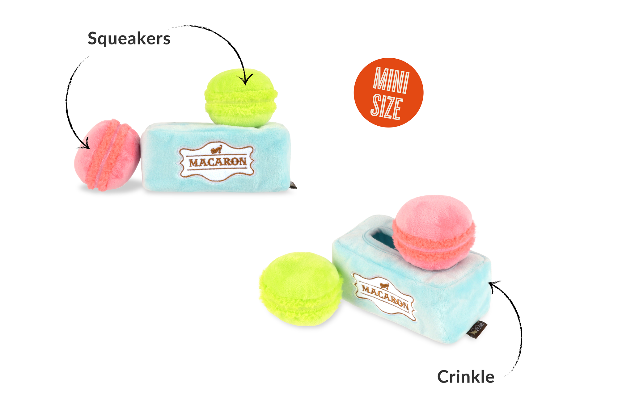 P.L.A.Y. Pup Cup Cafe Squeaky Plush Dog toys, Mutt-a-rons (mini sized)