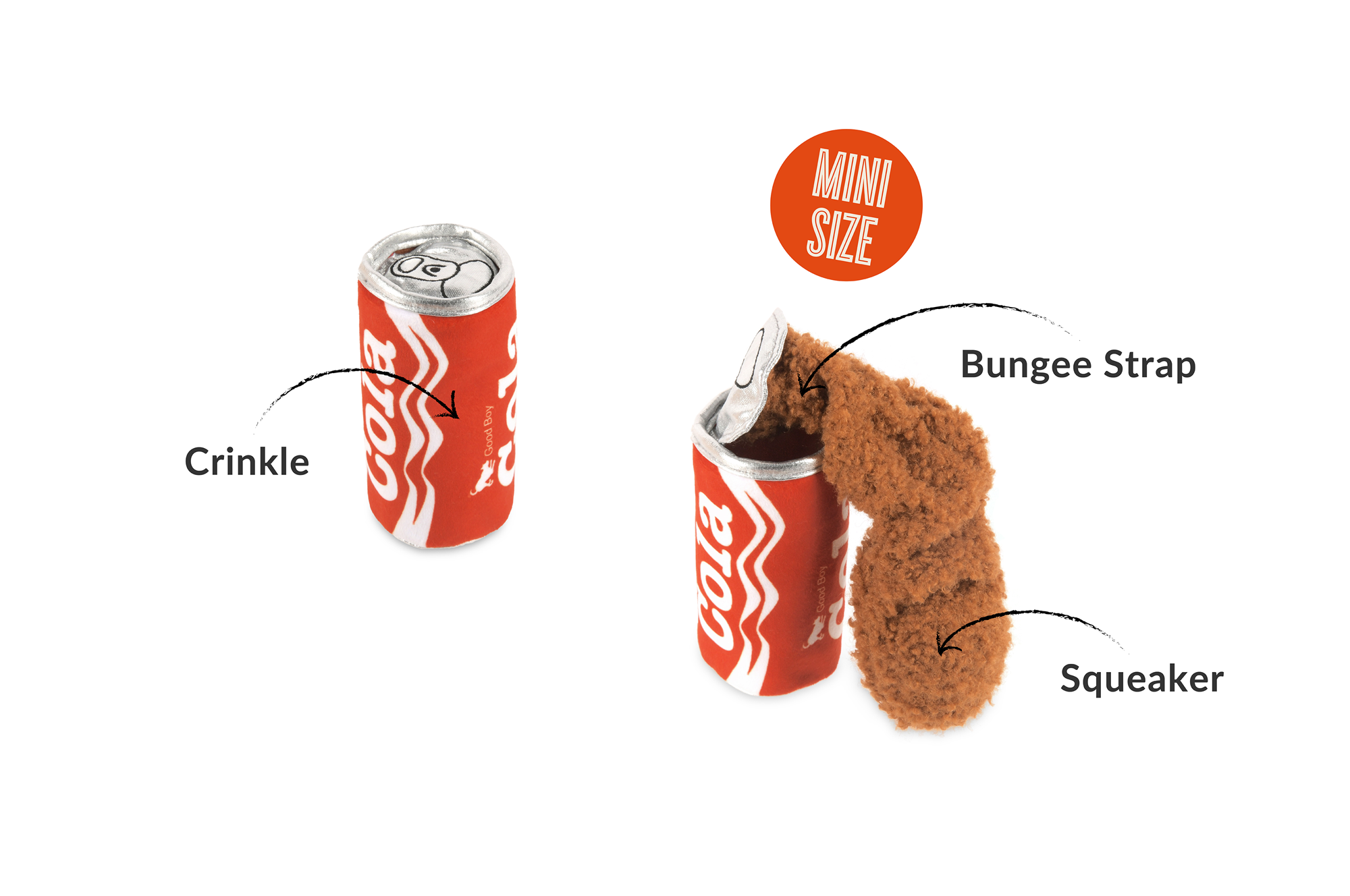 P.L.A.Y. Snack Attack Squeaky Plush Dog toys, Good Boy Cola (mini sized)