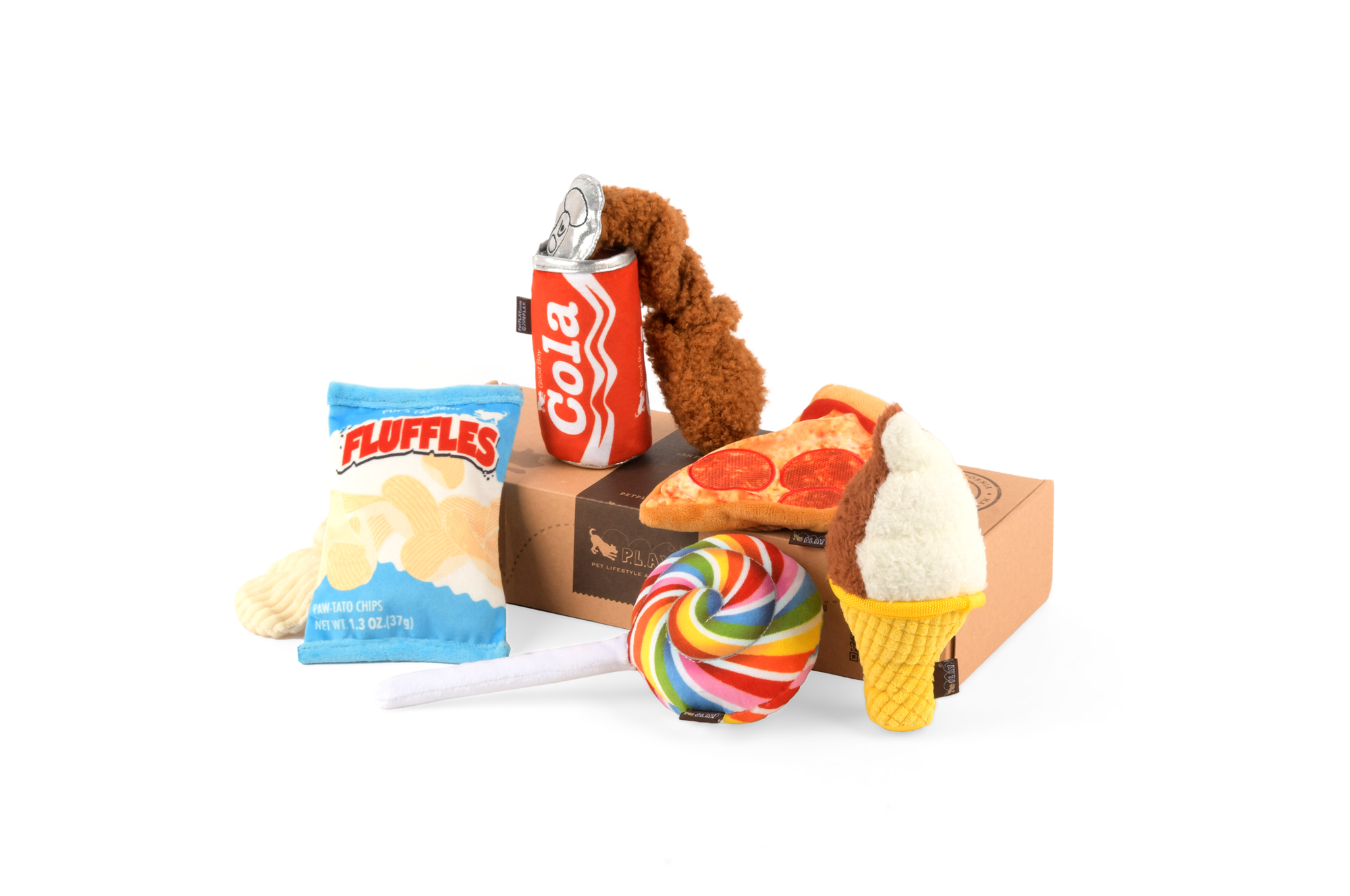 P.L.A.Y. Snack Attack Squeaky Plush Dog toys, Fluffles Chips (mini sized)