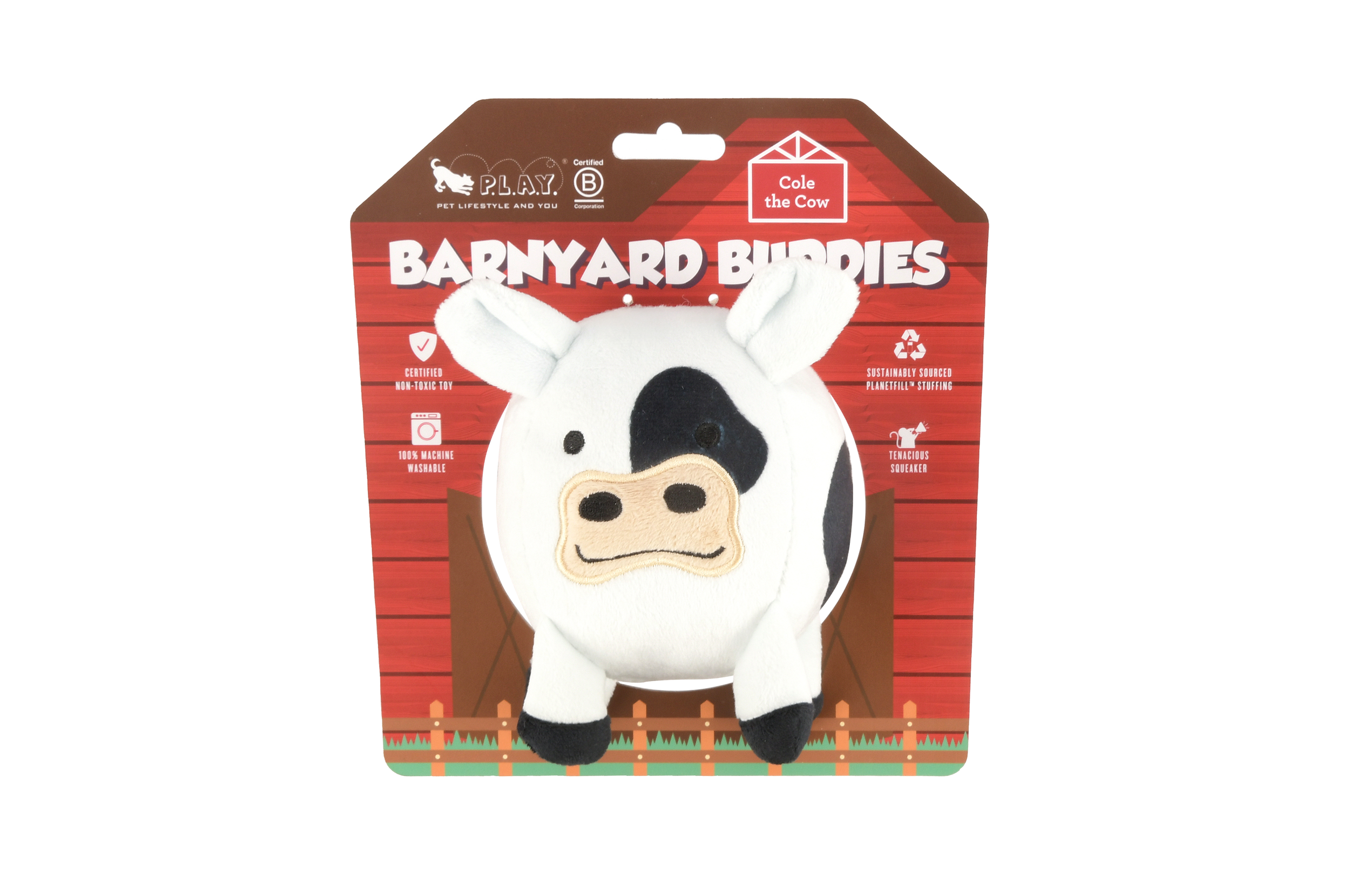 P.L.A.Y. Barnyard Buddies Squeaky Plush Dog Toy, Cole the Cow