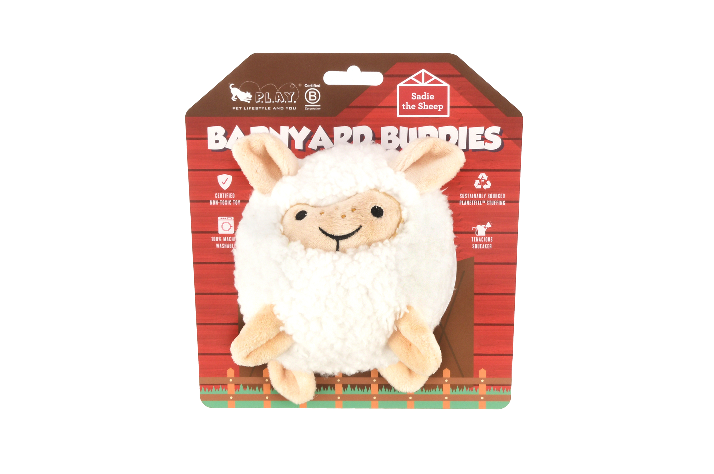 P.L.A.Y. Barnyard Buddies Squeaky Plush Dog Toy, Sadie the Sheep