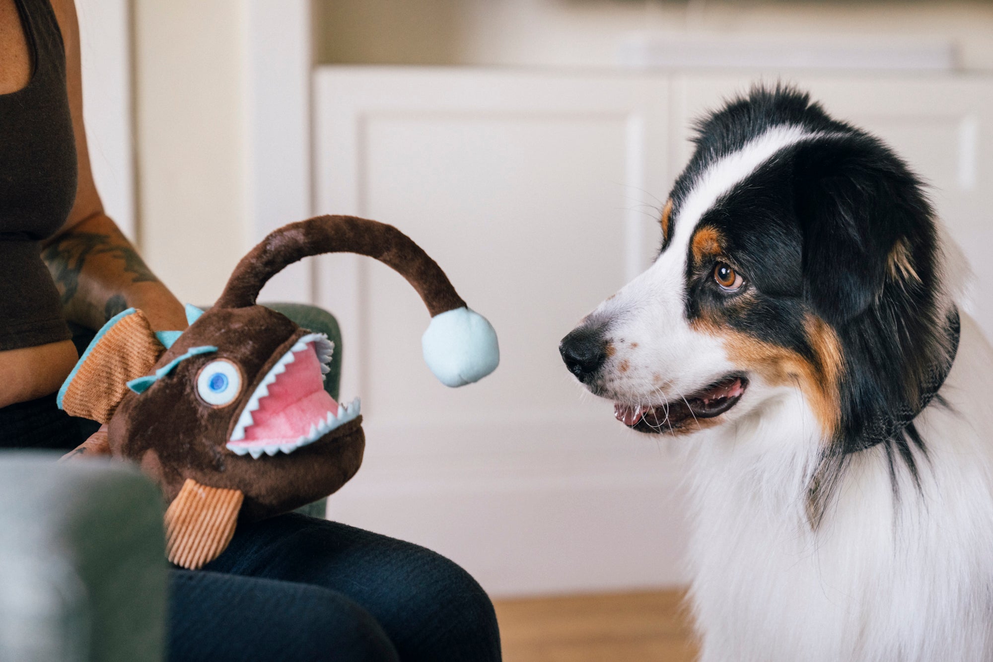 P.L.A.Y. Ocean Buddies Angler Fish squeaky & rope plush dog toy with a glowing lure detail.