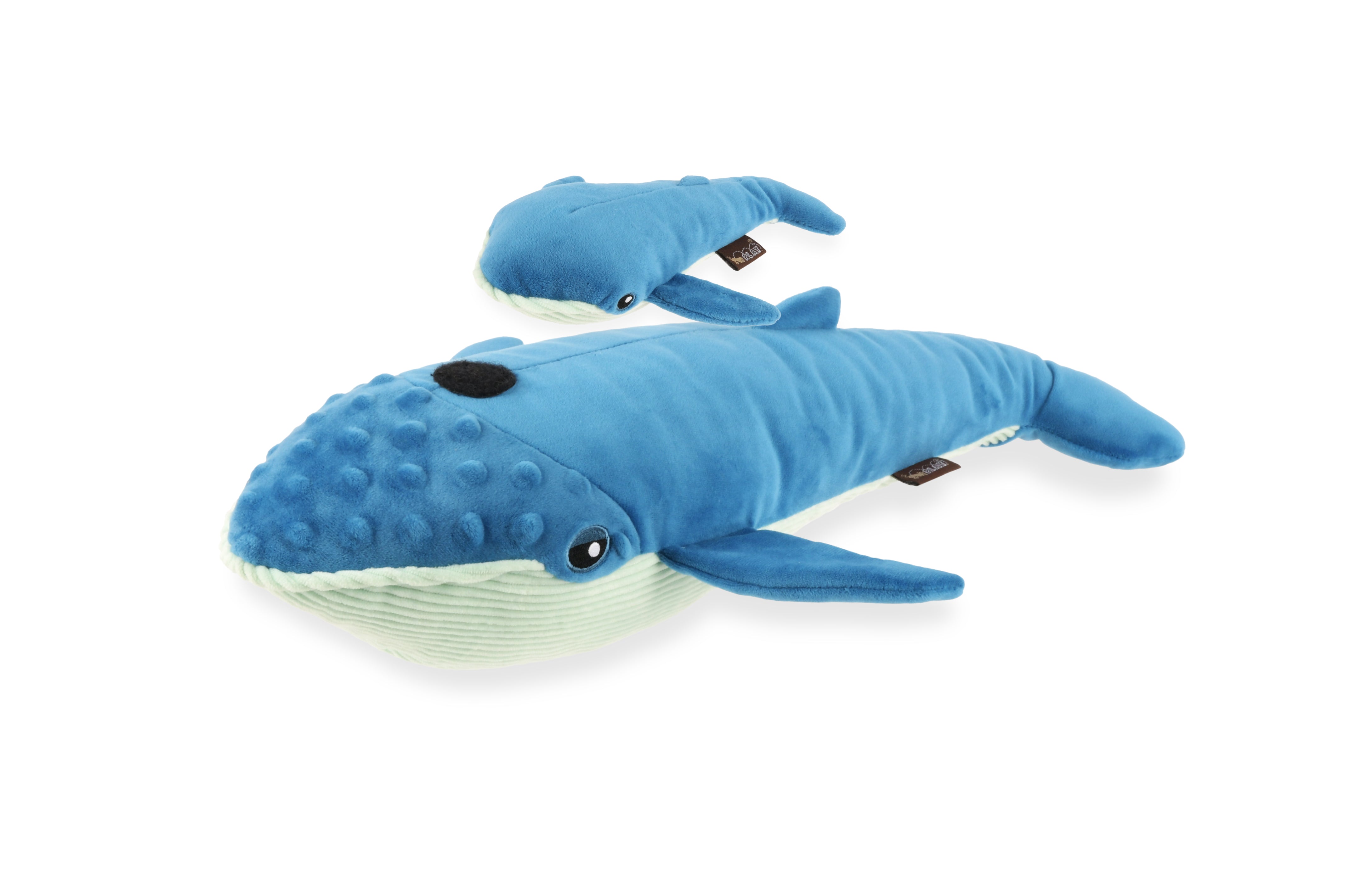 P.L.A.Y. Ocean Buddies Big Blue and Baby Blue whale interactive squeaky plush dog toy duo in blue fabric.