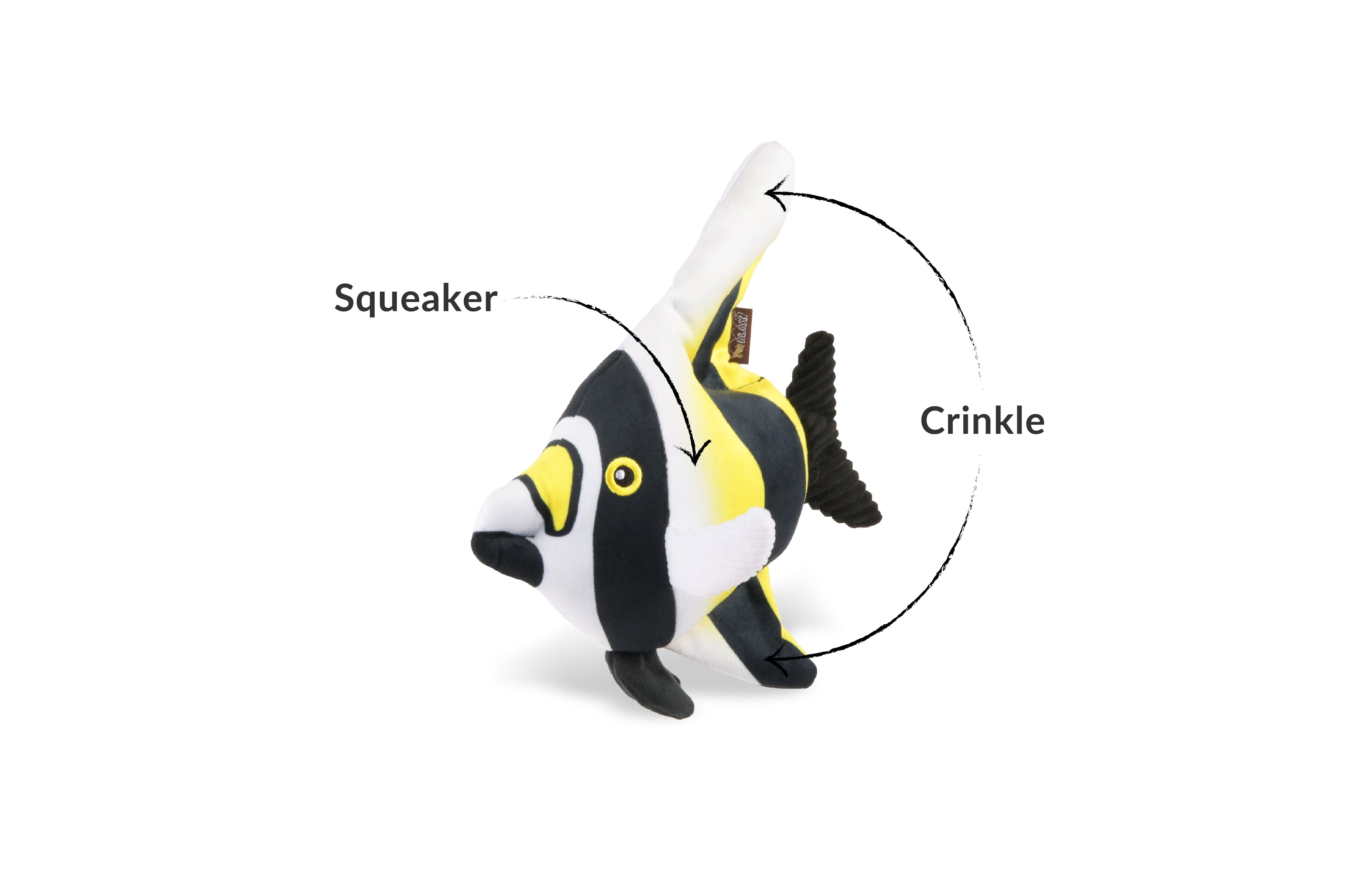 P.L.A.Y. Ocean Buddies Moorish Idol colourful tropical fish interactive squeaky plush dog toy with yellow, black, and white stripes.