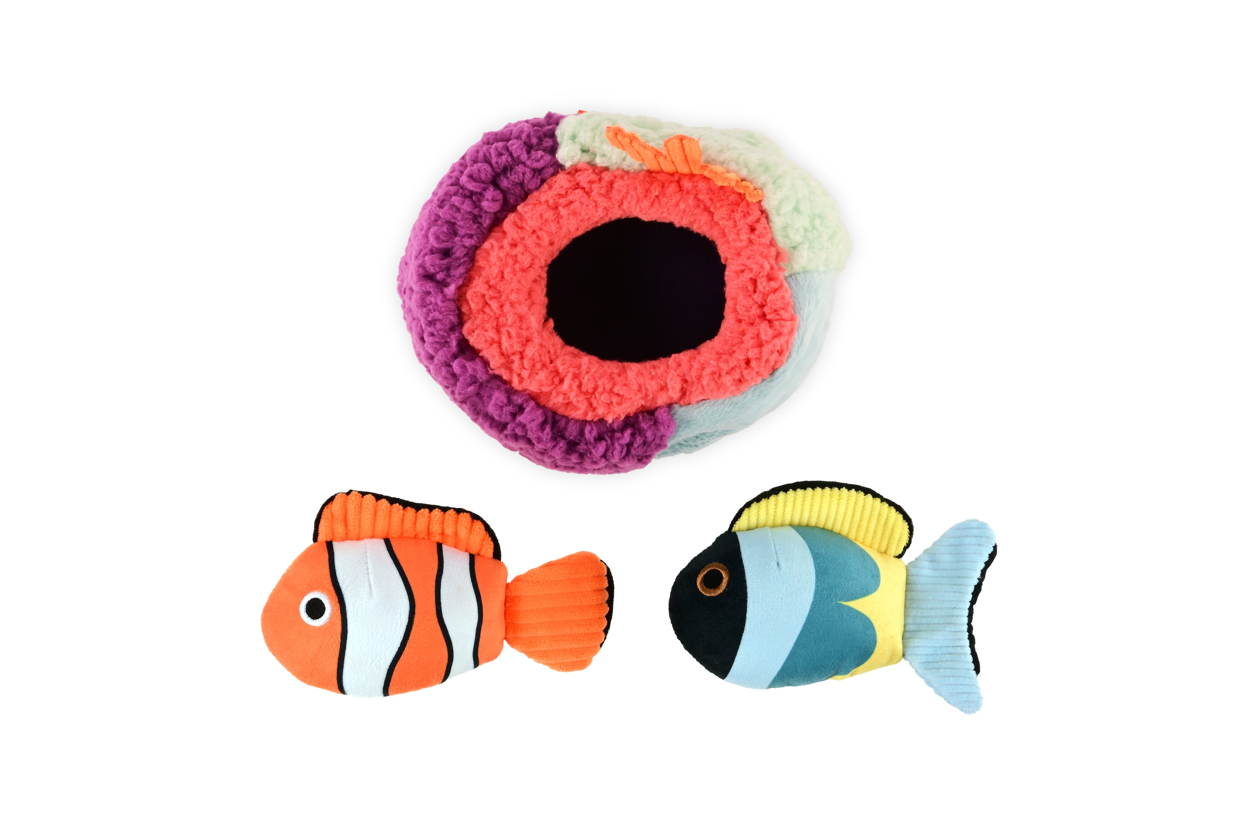 P.L.A.Y. Ocean Buddies Reef Retreat colourful coral reef interactive plush dog toy with two small squeaky fish.