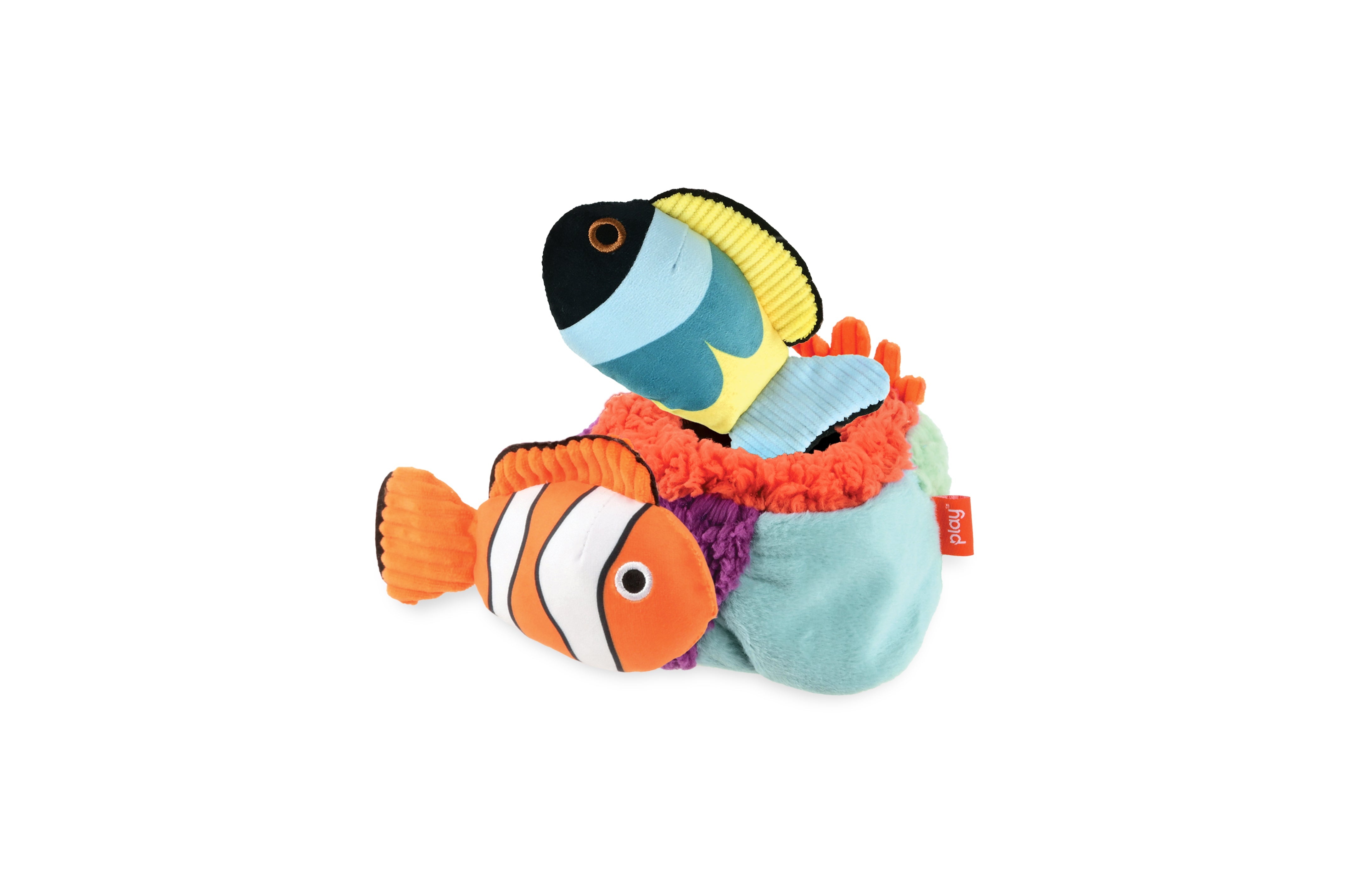 P.L.A.Y. Ocean Buddies Reef Retreat colourful coral reef interactive plush dog toy with two small squeaky fish.