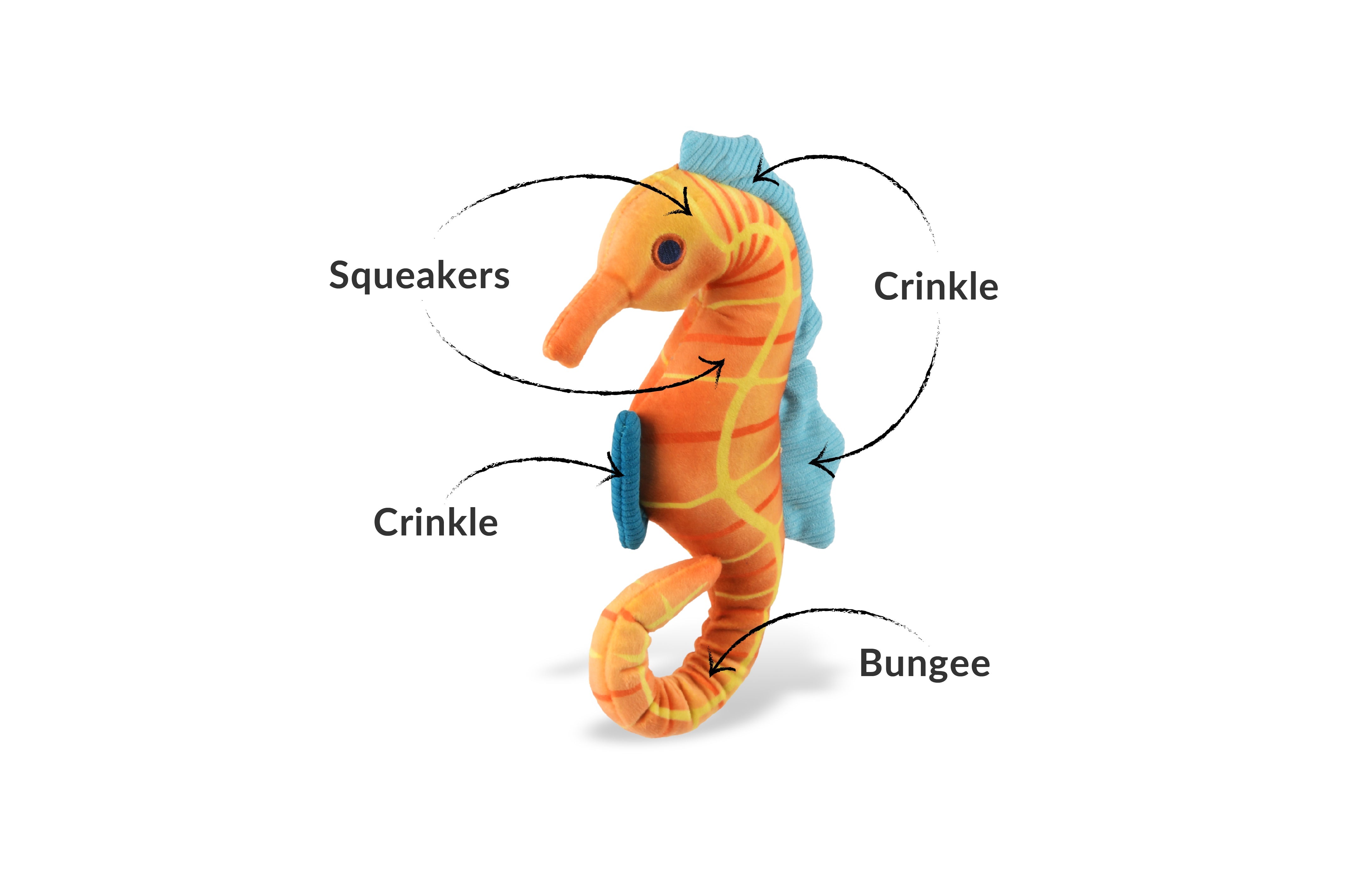 P.L.A.Y. Ocean Buddies Seahorse squeaky plush dog toy in a soft, whimsical design.