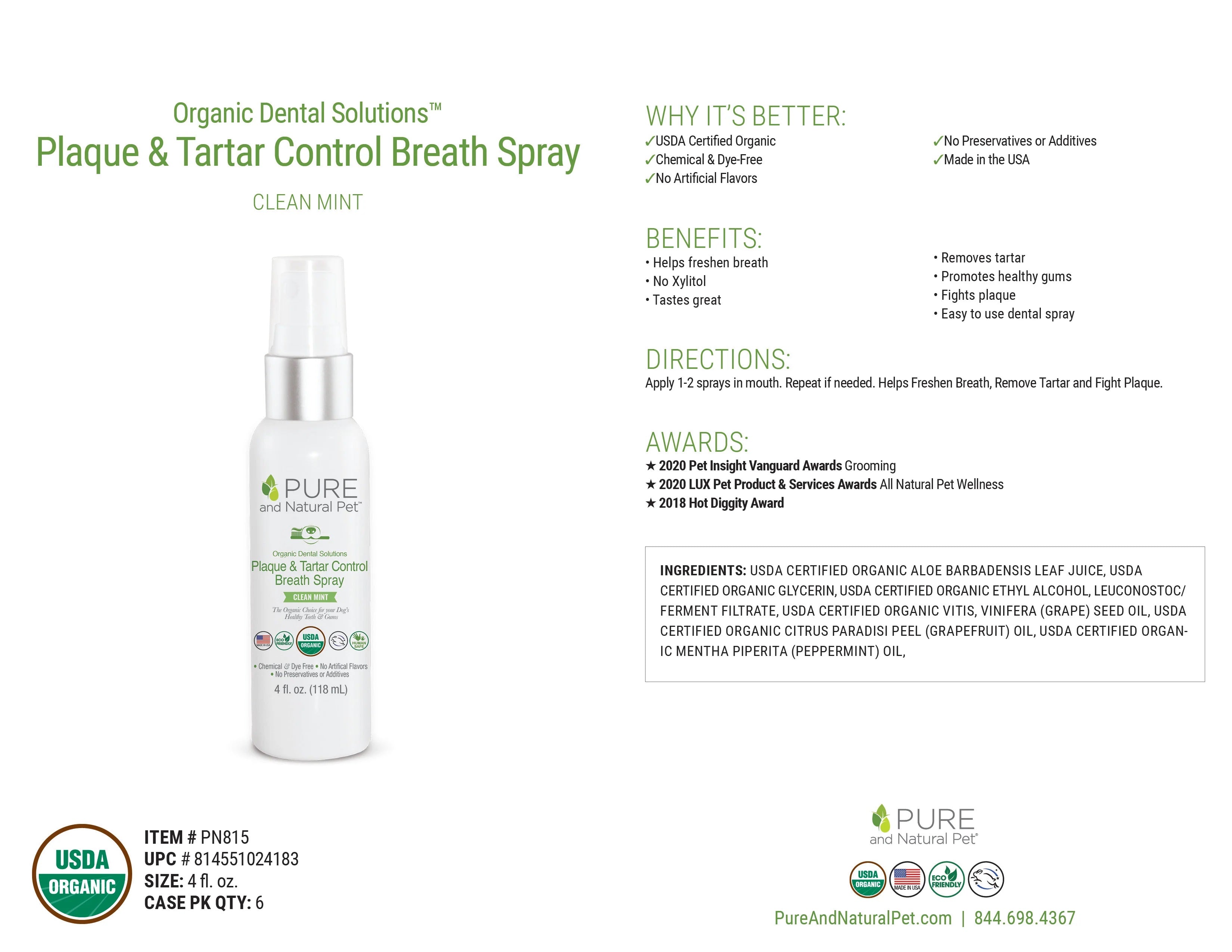 Pure and Natural Dog Organic Dental Solutions Breath Spray: Plaque & Tartar Control