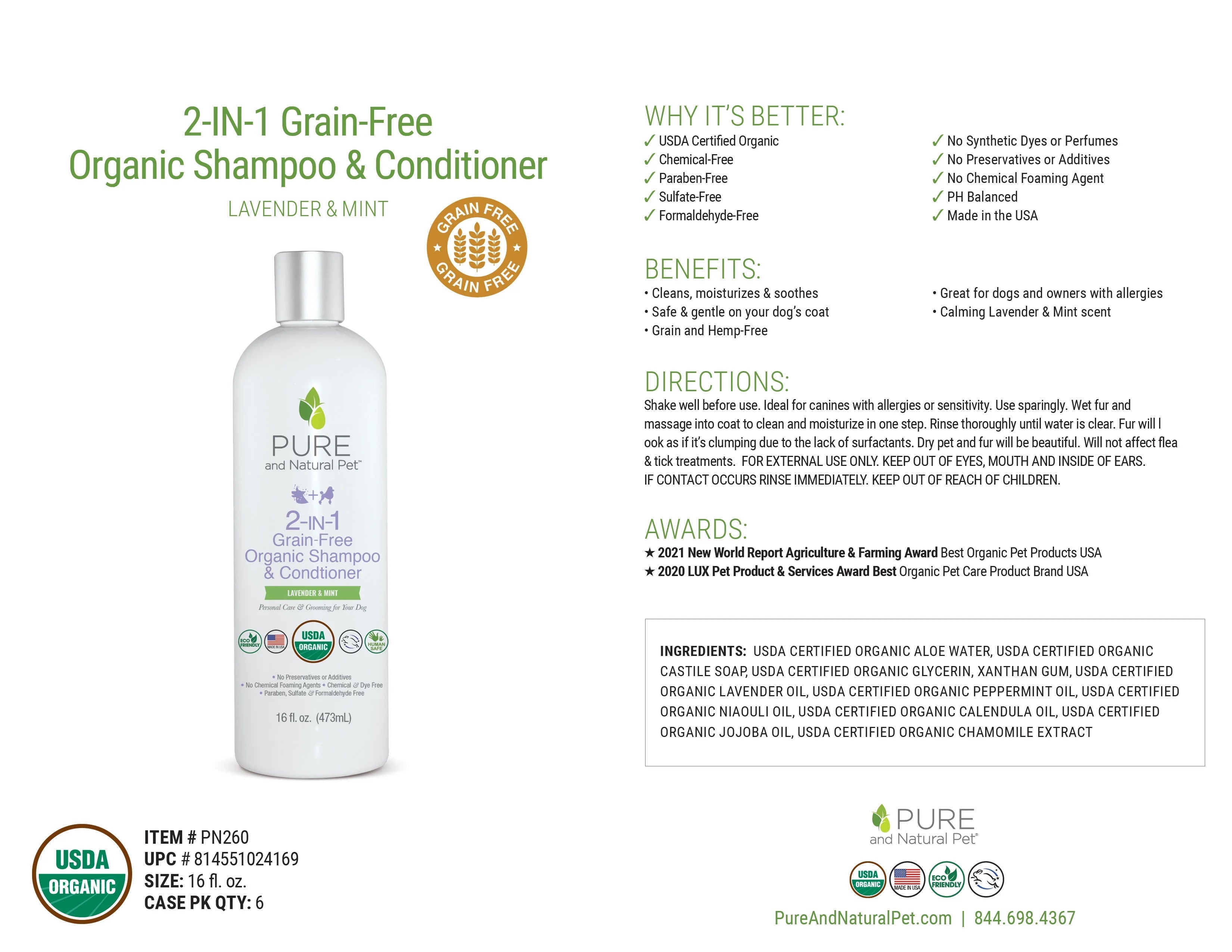 Pure and Natural Organic Dog Shampoo: 2-in-1 Grain Free