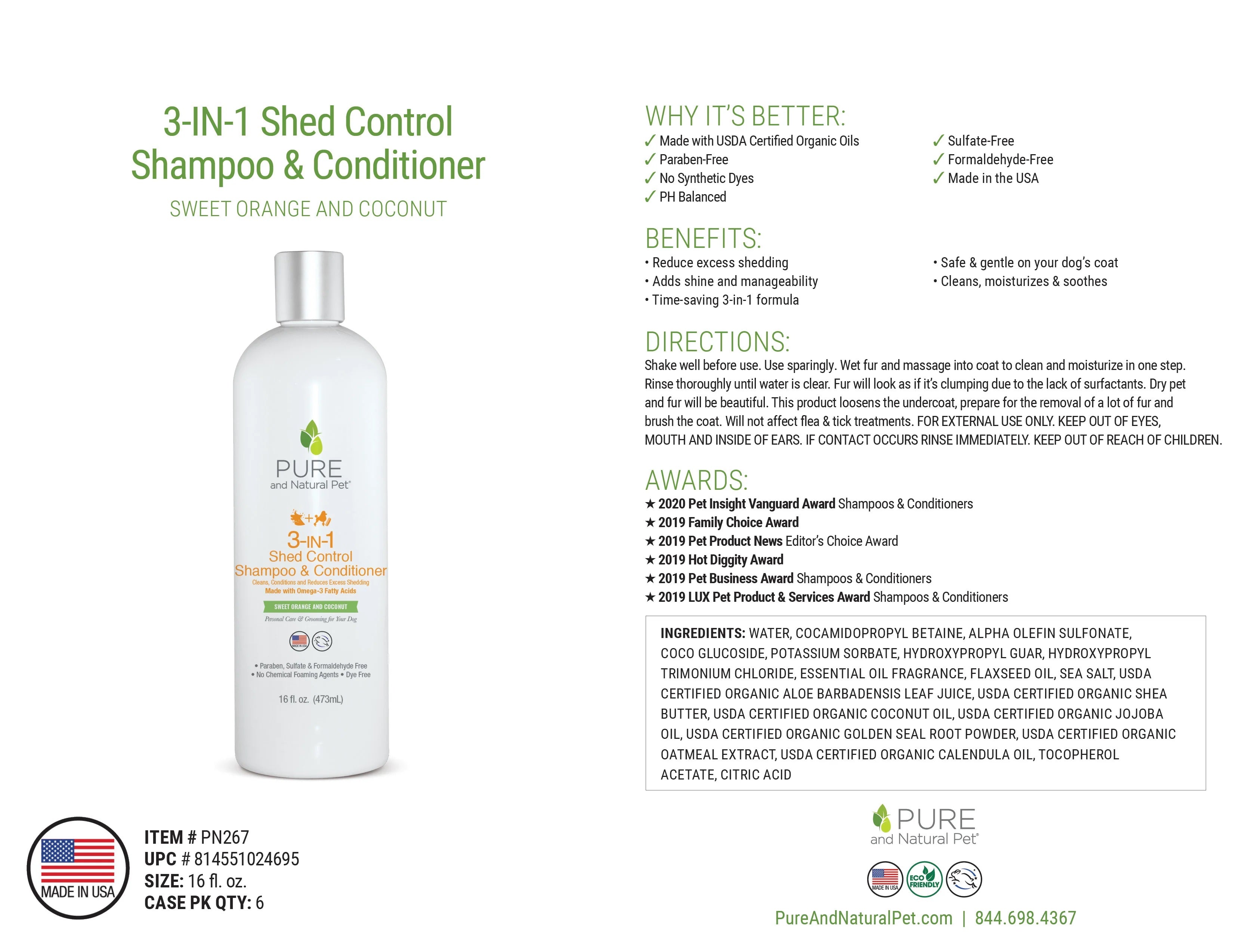 Pure and Natural Organic Dog Shampoo & Conditioner: 3-IN-1 Shed Control