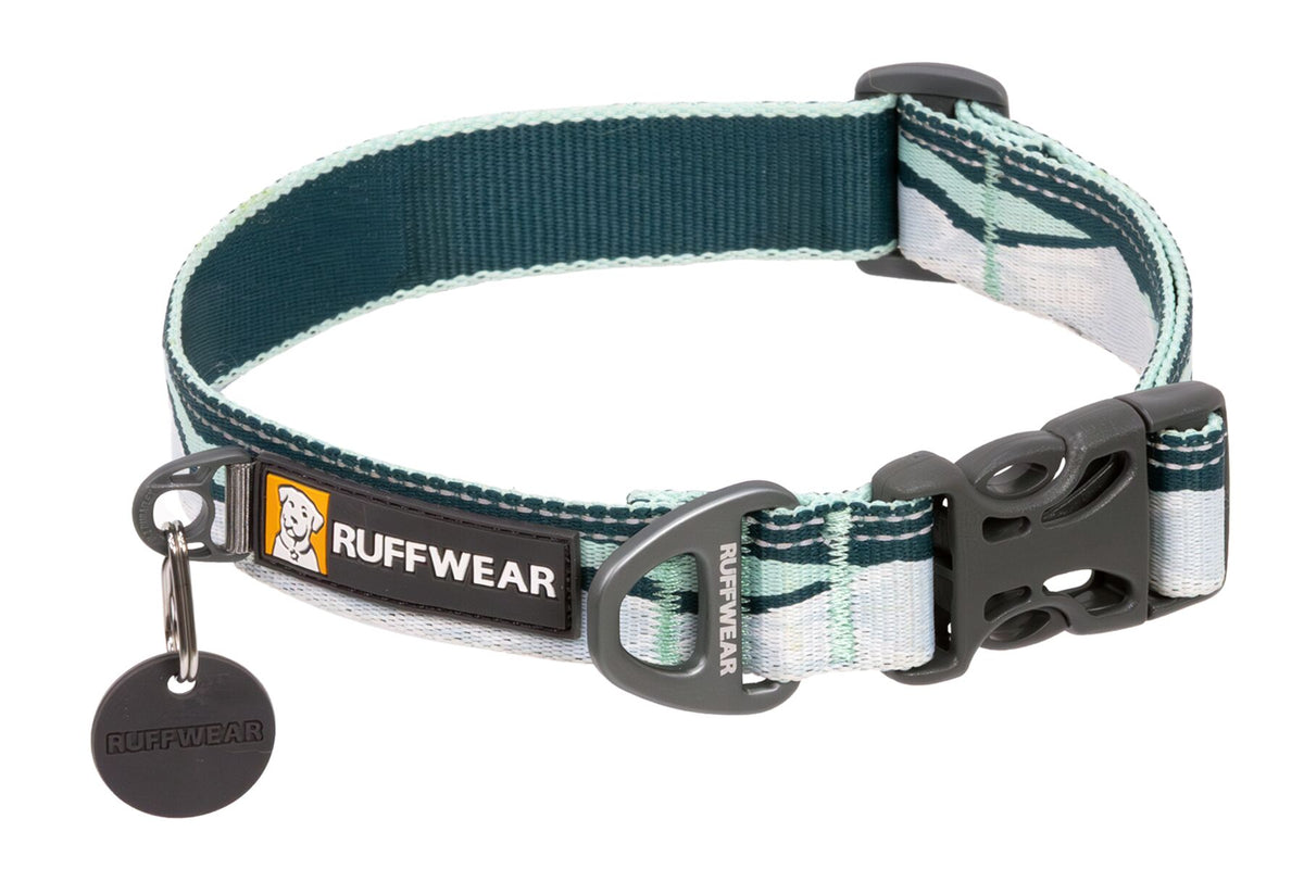 Premium outdoor dog gear: Ruffwear Crag collar displayed with colourfast patterned webbing.