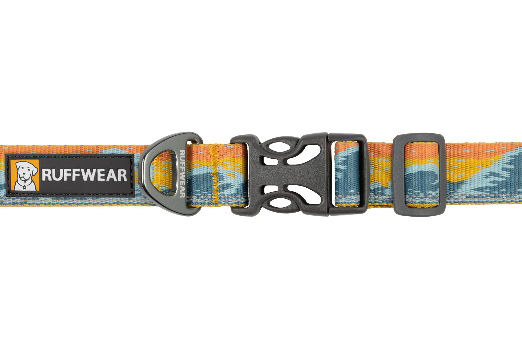 Premium outdoor dog gear: Ruffwear Crag collar displayed with colourfast patterned webbing.