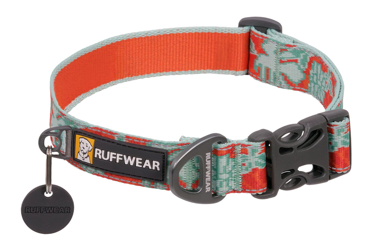 Premium outdoor dog gear: Ruffwear Crag collar displayed with colourfast patterned webbing.