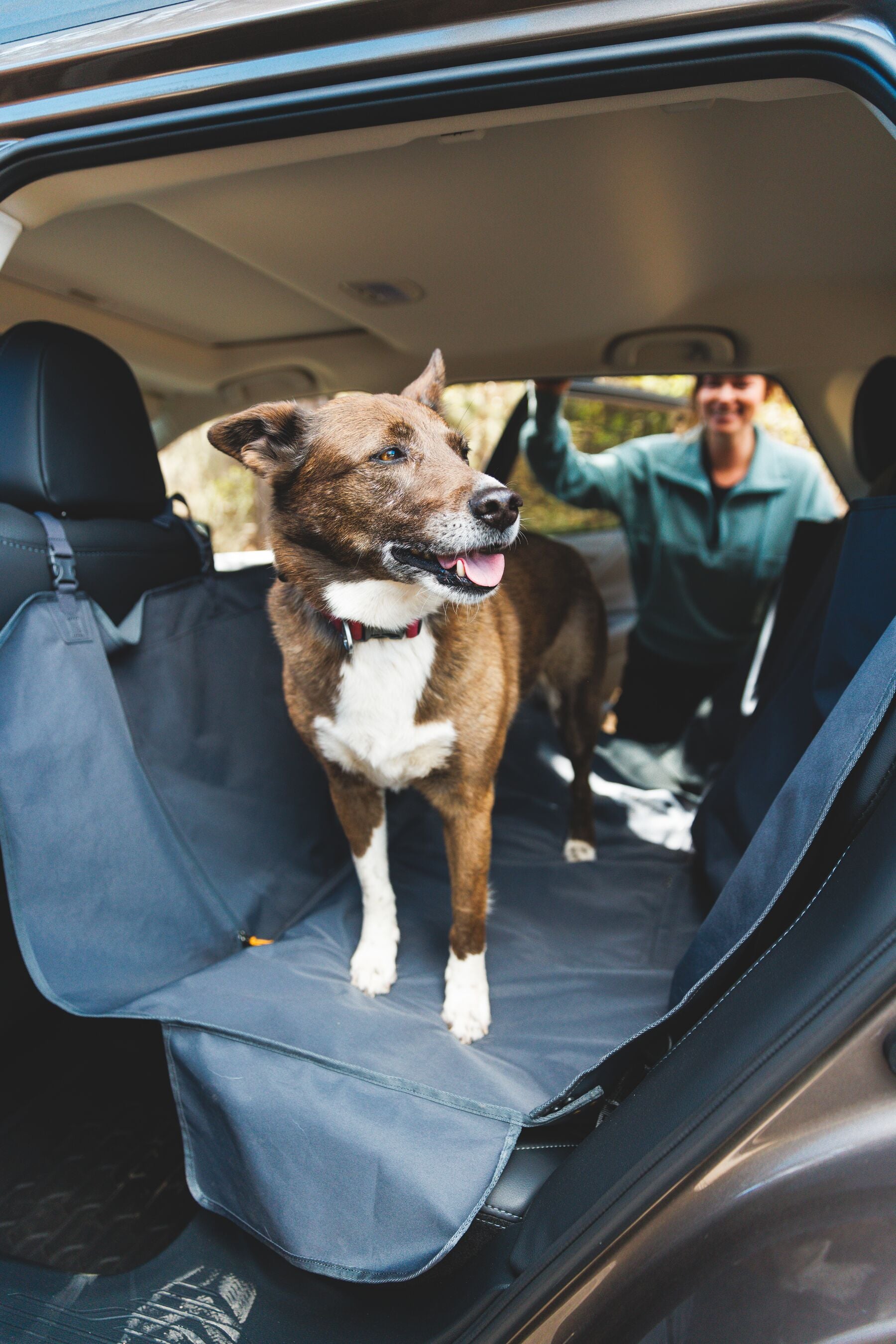 Waterproof Ruffwear Dirtbag dog car seat cover protecting vehicle upholstery from pet hair and dirt