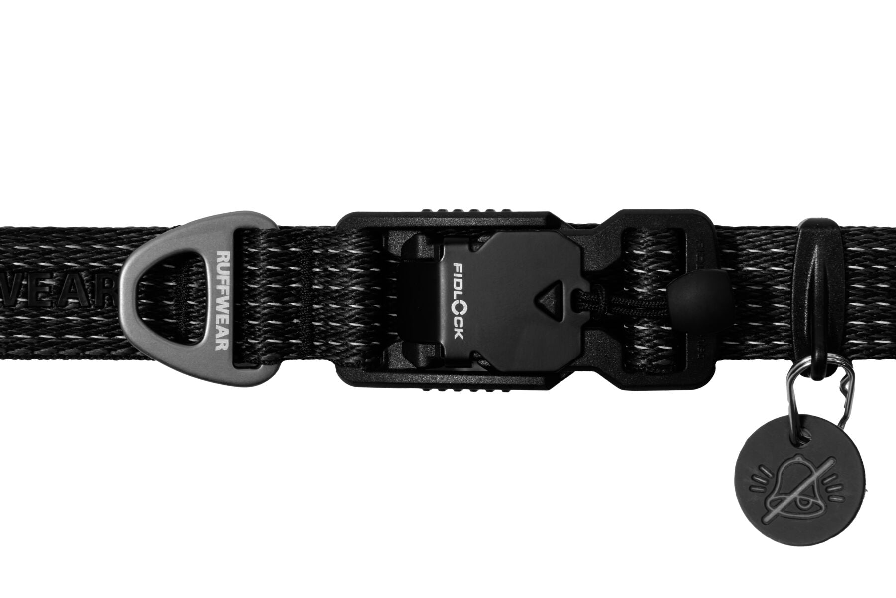 Ruffwear Ridgeline Dog Collar in Obsidian Black with reflective webbing and durable aluminum V-ring leash attachment