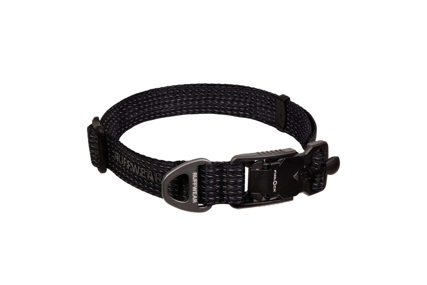 Ruffwear Ridgeline Dog Collar in Obsidian Black with reflective webbing and durable aluminum V-ring leash attachment
