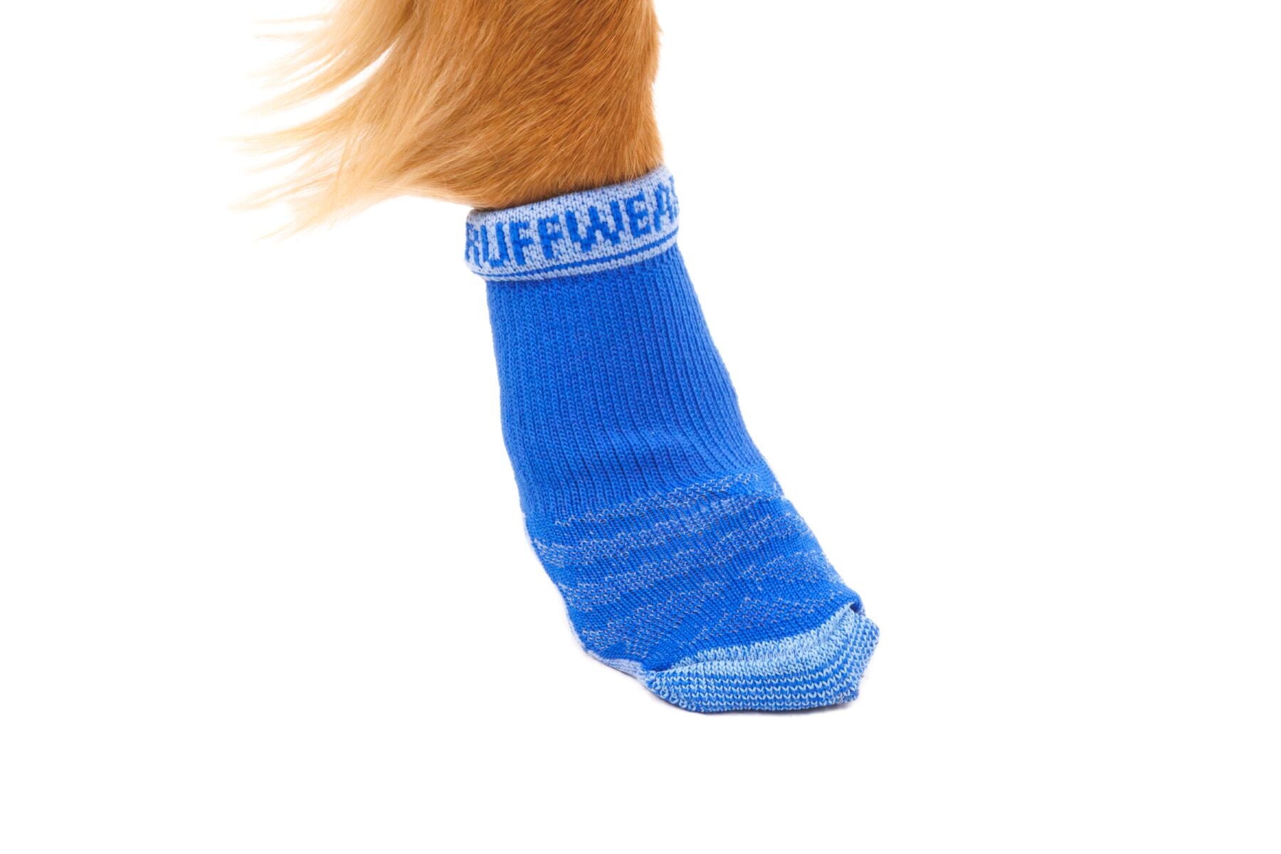 Ruffwear Bark'n Boot Dog Socks in a set of four, showing the engineered knit and contoured shape designed to prevent dog boot chafing.