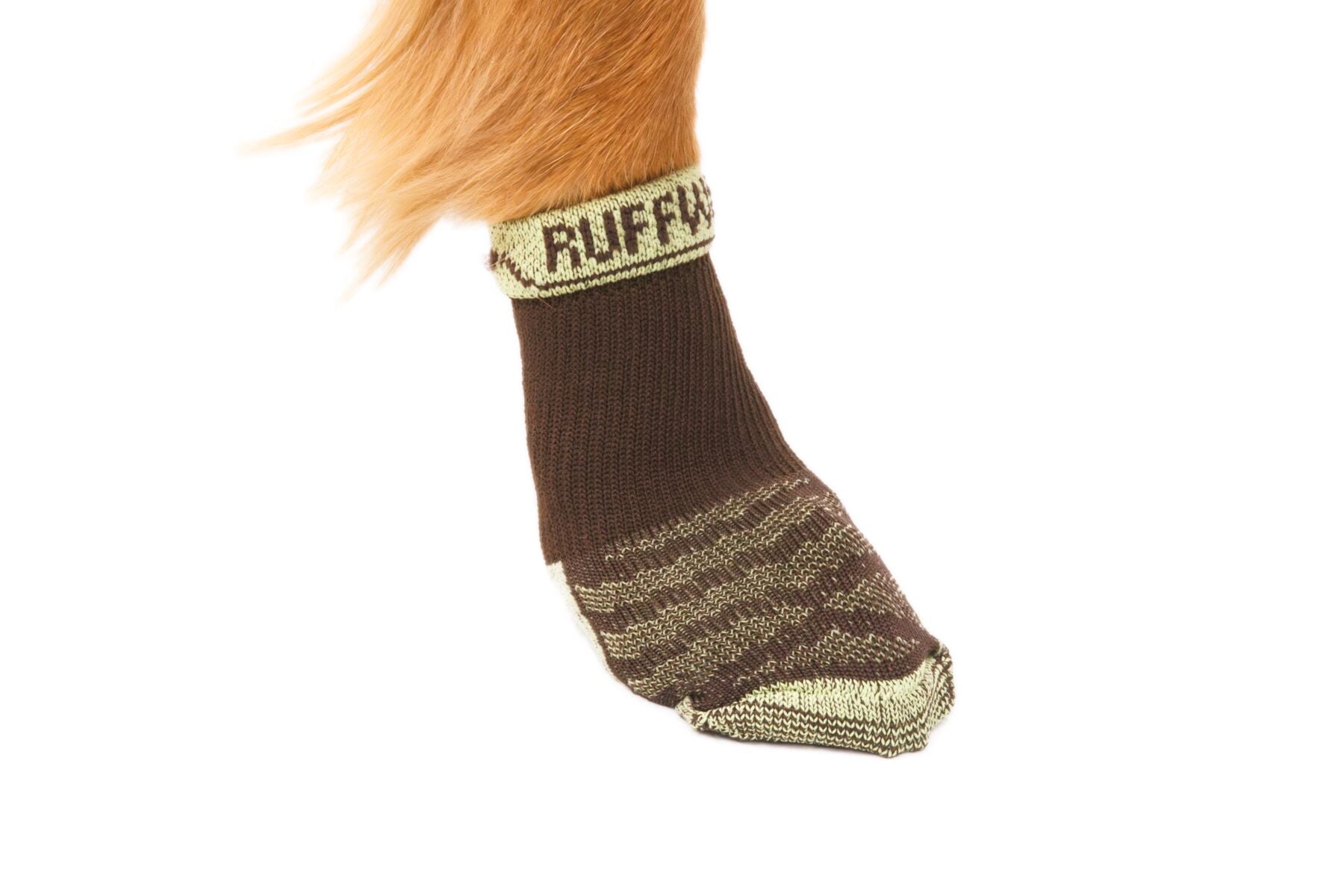 Ruffwear Bark'n Boot Dog Socks in a set of four, showing the engineered knit and contoured shape designed to prevent dog boot chafing.