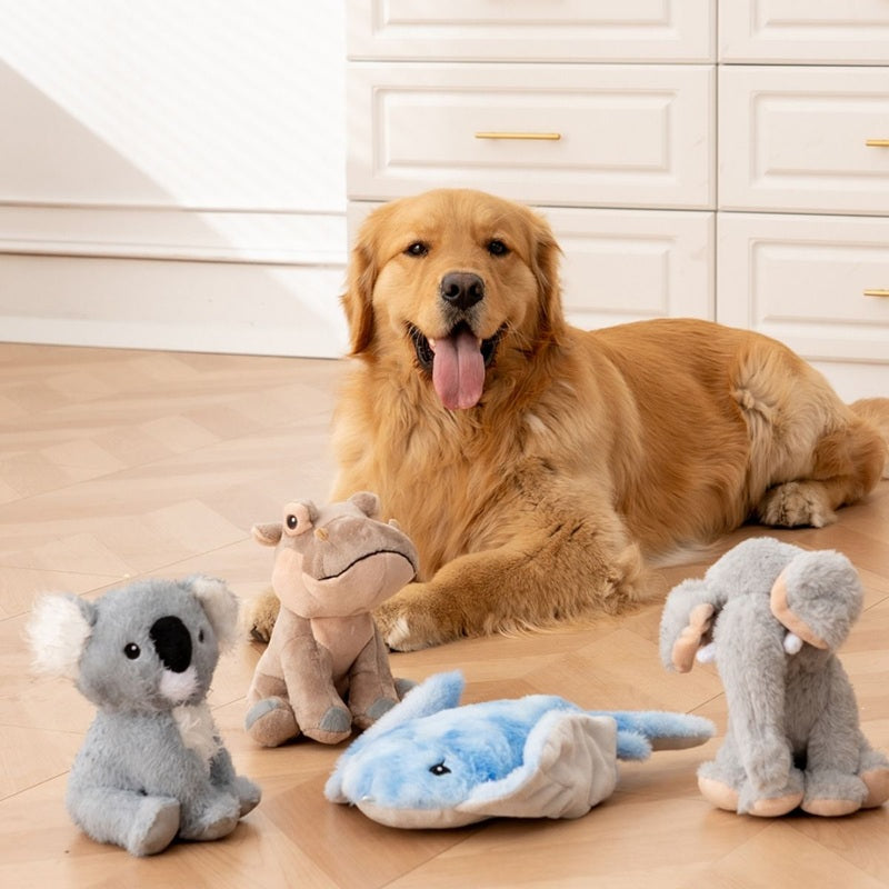 Tall Tails Animated Elephant plush pet toy showing the reinforced mesh fabric and protective squeaker pouch.