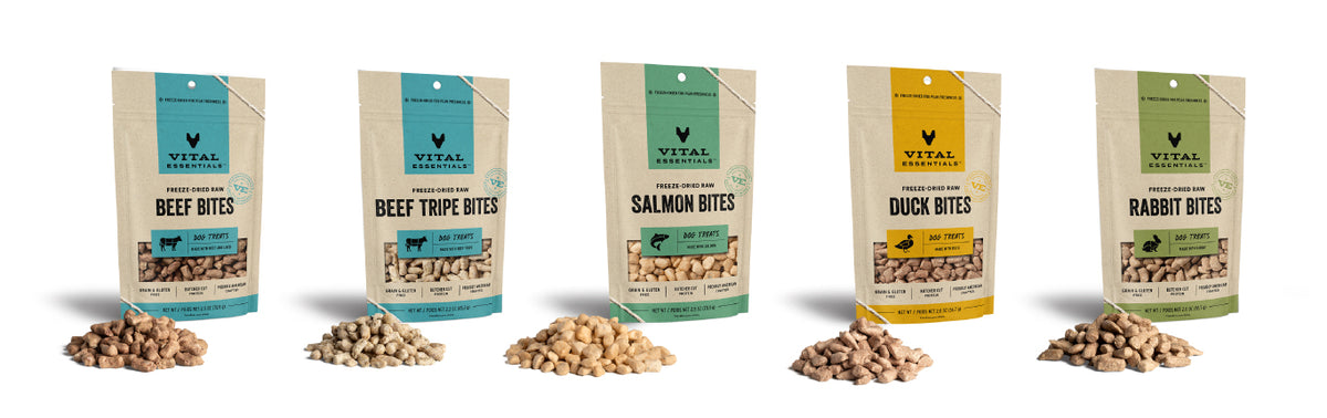 Vital Essentials freeze dried single protein bites, a nutrient rich high value training treat that supports canine oral health.