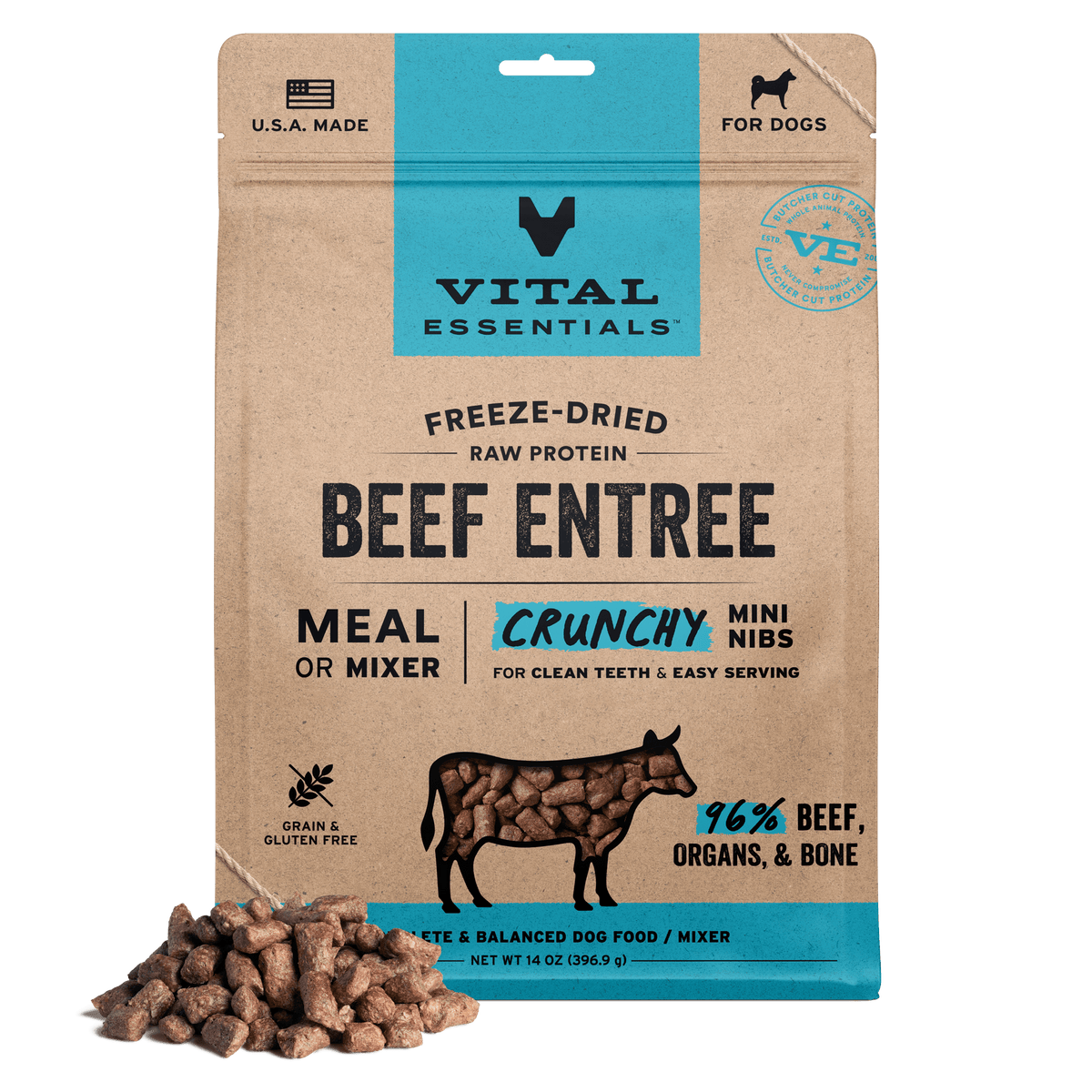 Vital Essentials nutrient rich butcher cut whole beef protein ingredients for healthy raw dog diet and muscle growth.