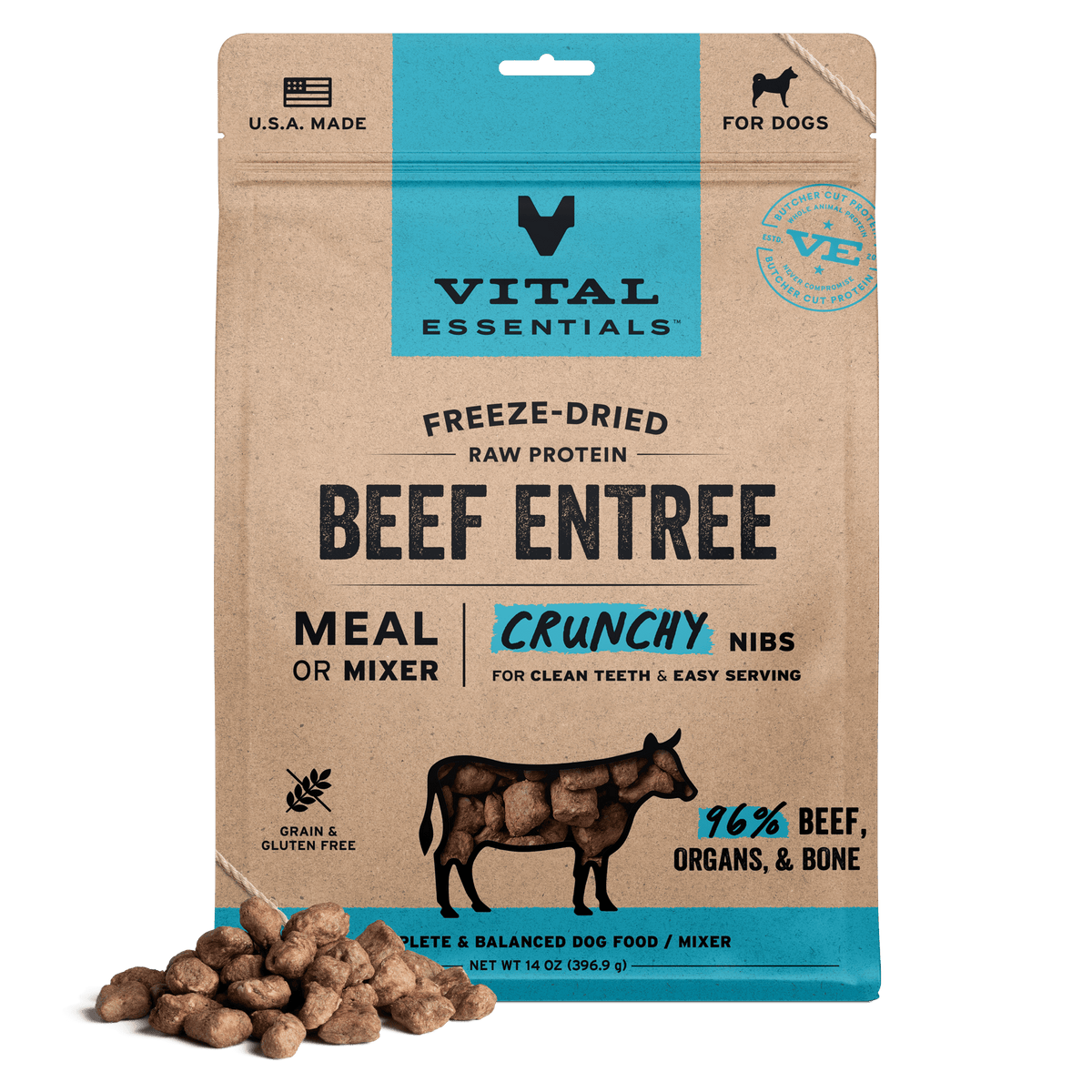 Vital Essentials Freeze-dried raw dog food crunchy nibs packed with whole animal protein for building lean strong muscles.