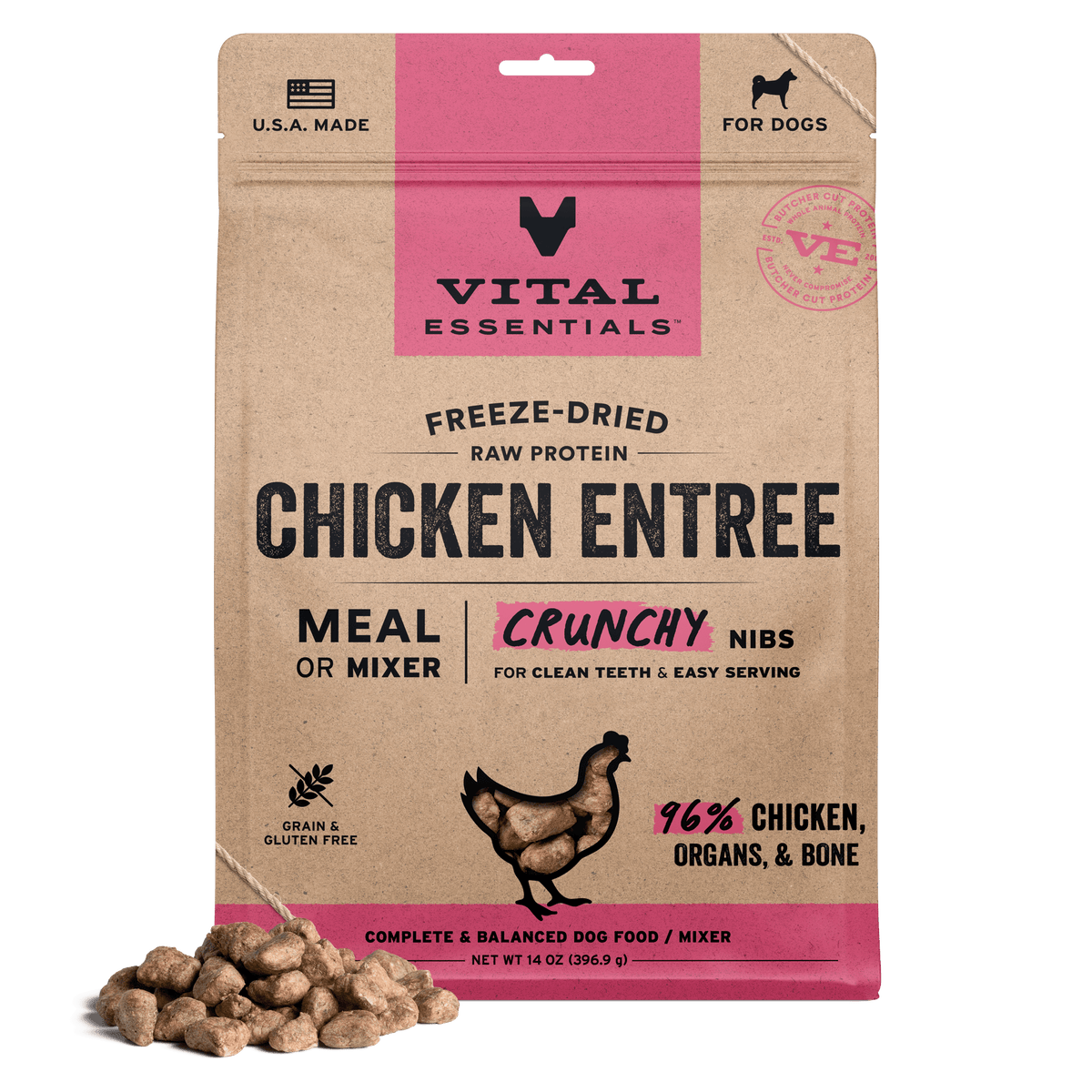 Vital Essentials 14oz premium freeze dried raw chicken dog food crunchy mini nibs made with responsibly sourced butcher cut protein.