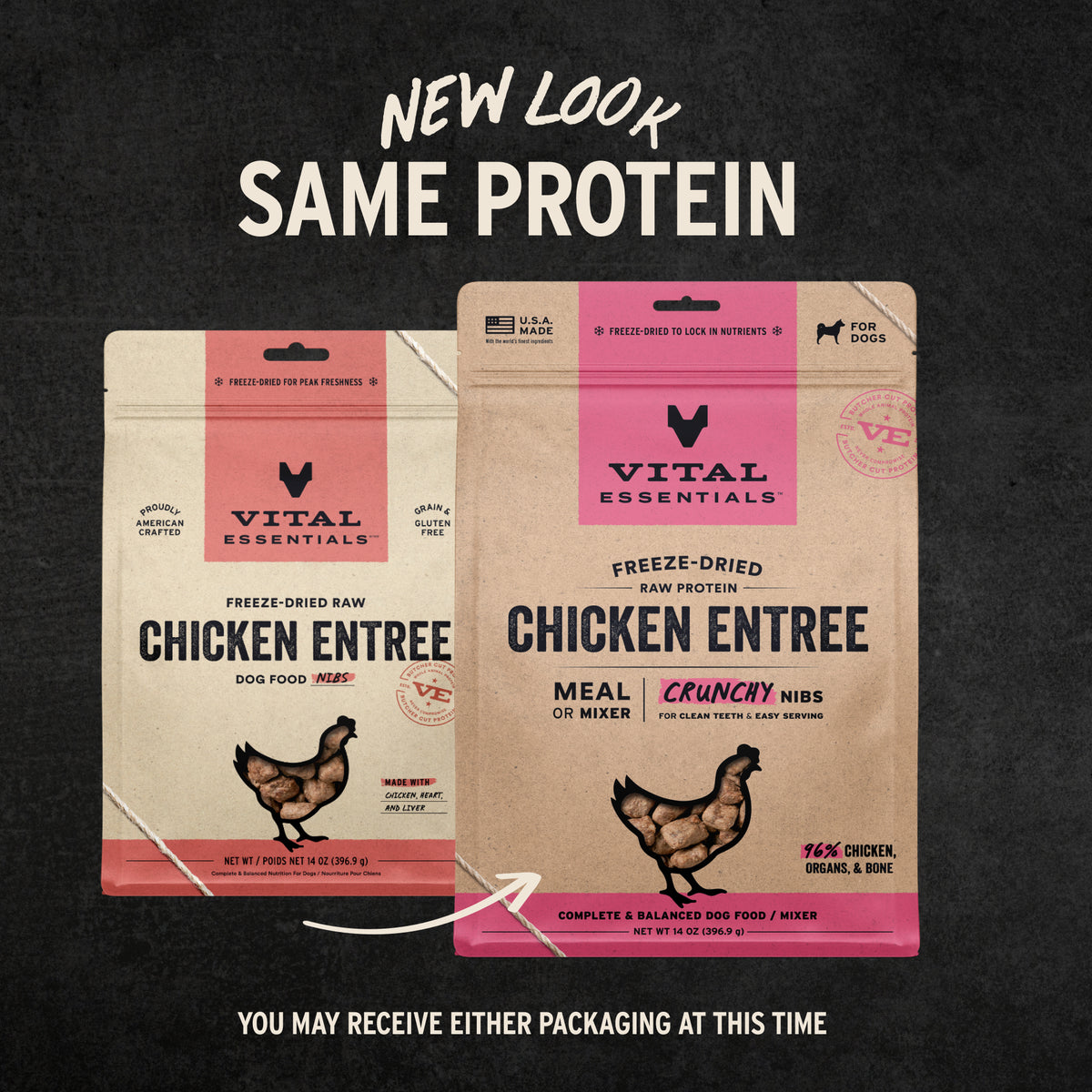 Vital Essentials premium freeze dried raw chicken dog food crunchy mini nibs made with responsibly sourced butcher cut protein.
