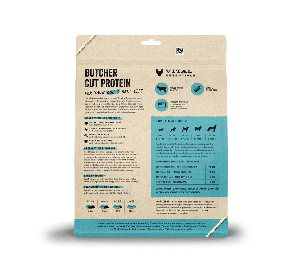 Vital Essentials high-protein freeze-dried dog food mini patties rich in essential amino acids, taurine, and zinc.