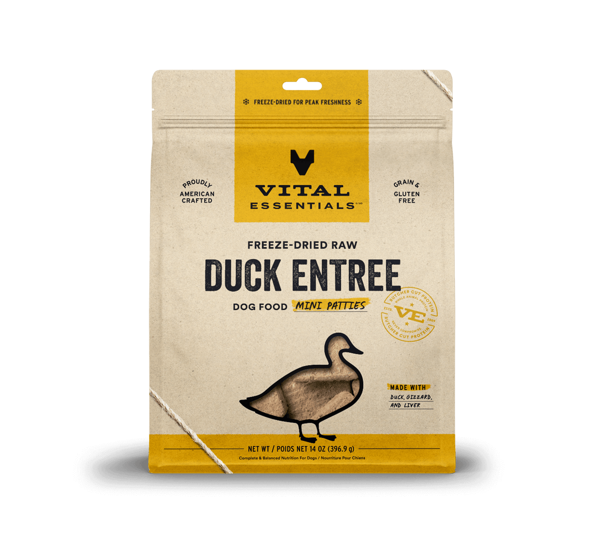 Vital Essentials high-protein freeze-dried dog food mini duck patties rich in essential amino acids, taurine, and zinc.