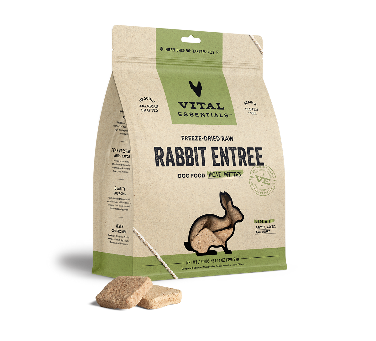 Vital Essentials high-protein freeze-dried dog food mini rabbit patties rich in essential amino acids, taurine, and zinc.