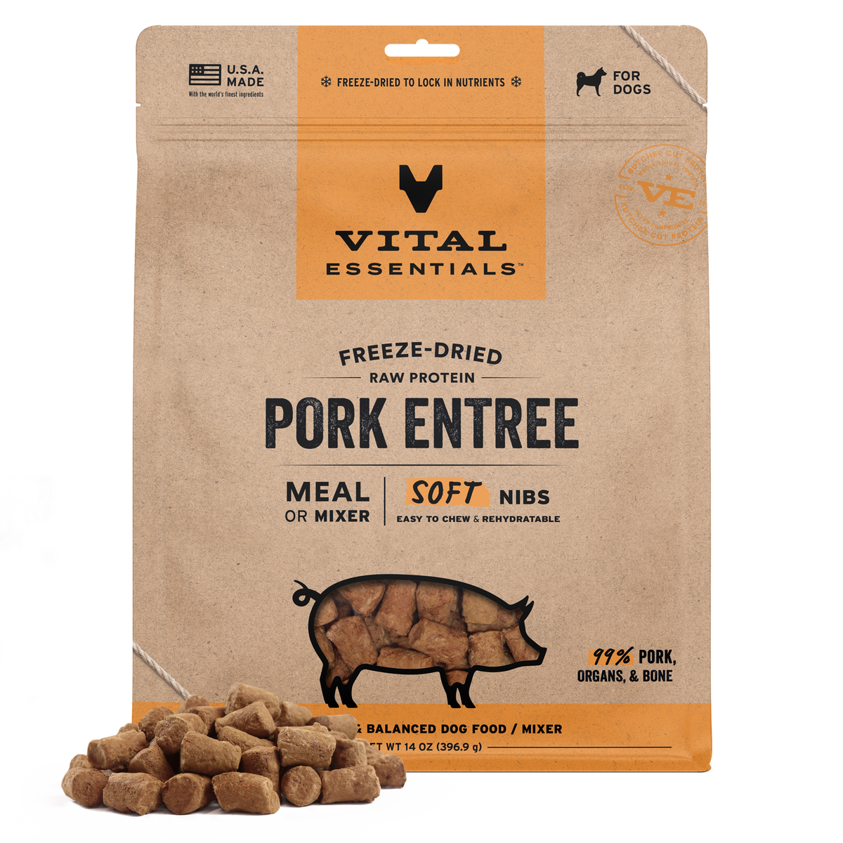 Vital Essentials freeze dried 99% raw protein pork dog food soft nibs
