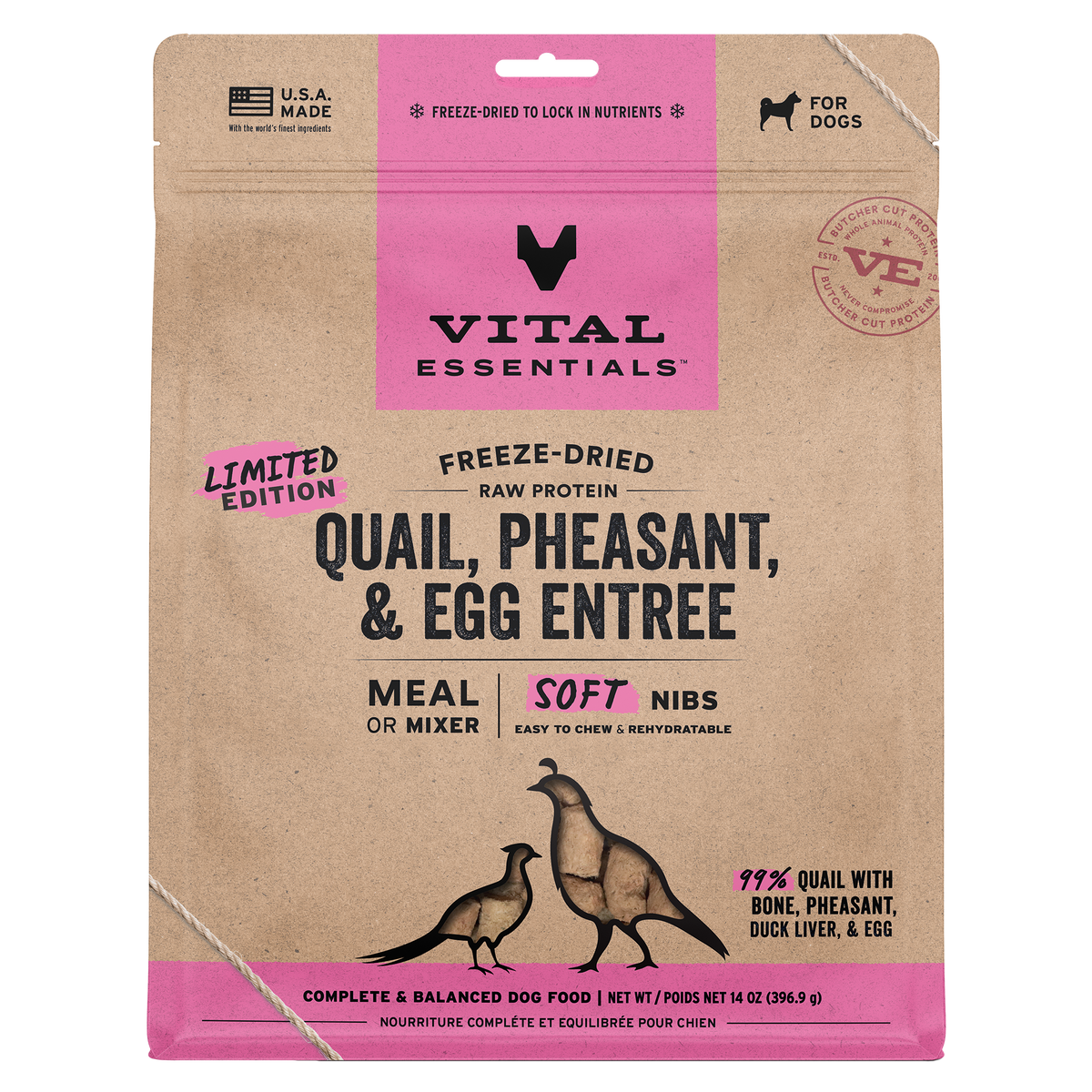 Vital Essentials freeze-dried raw soft nibs quail pheasant and egg 14oz nutrient-packed novel protein dog food bowl booster.