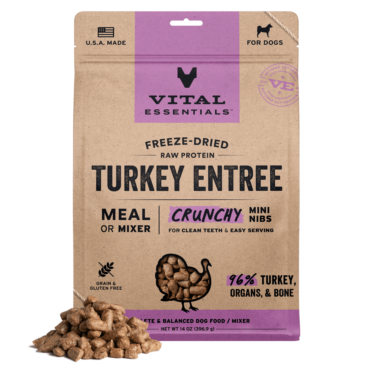 Vital Essentials 14 oz premium freeze dried raw turkey dog food crunchy mini nibs made with responsibly sourced butcher cut protein