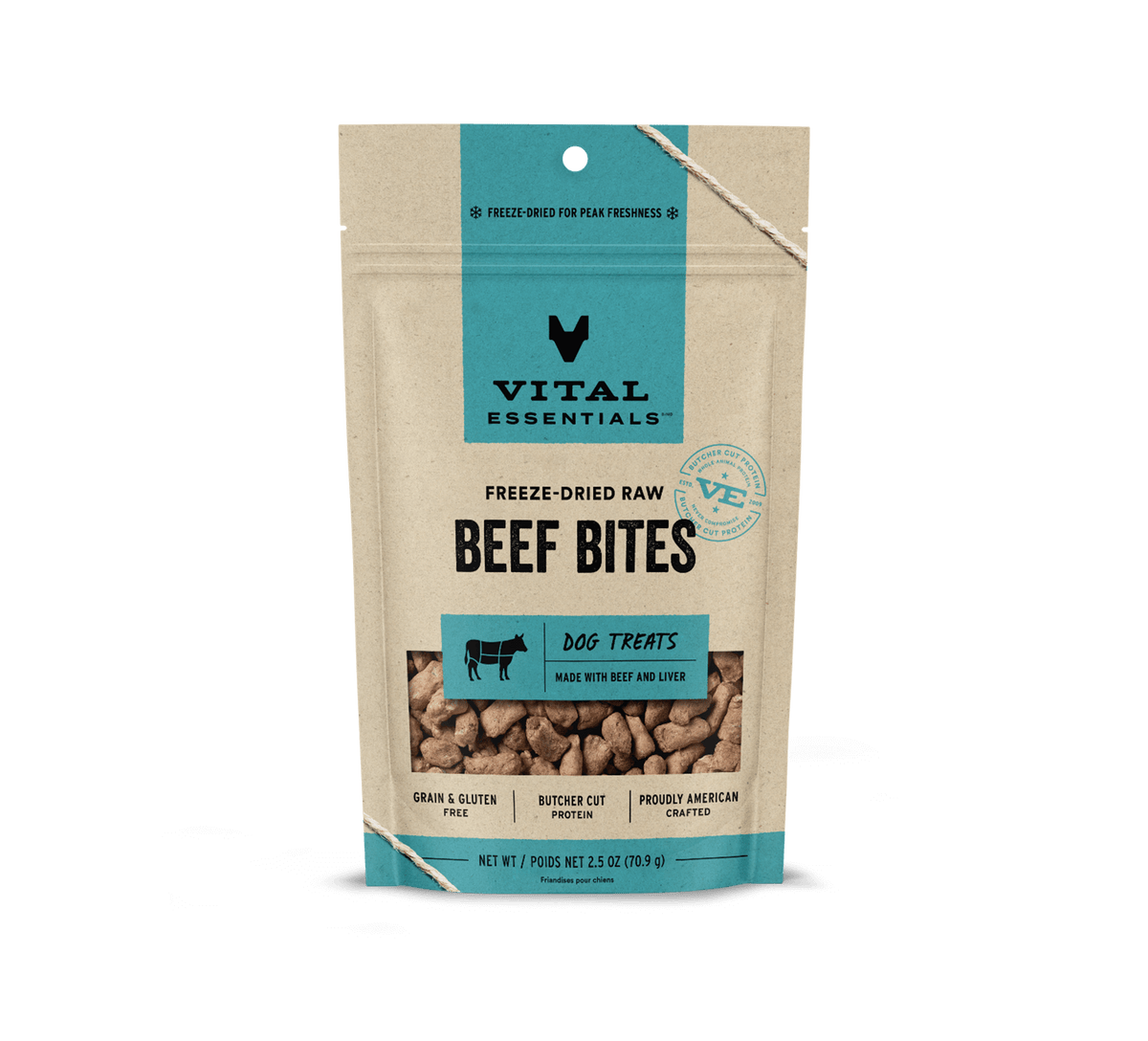 Vital Essentials freeze dried single protein beef bites, a nutrient rich high value training treat that supports canine oral health.