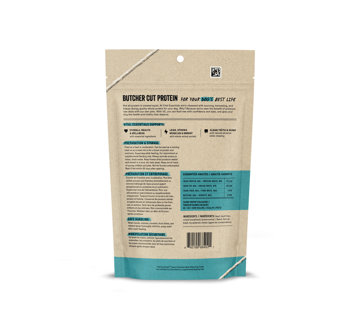 Vital Essentials freeze dried single protein beef bites, a nutrient rich high value training treat that supports canine oral health.