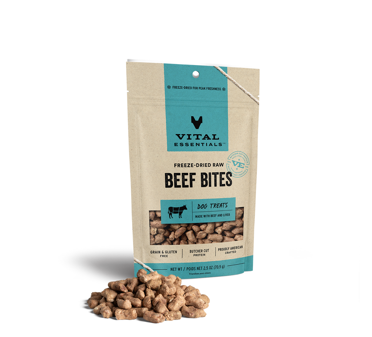 Vital Essentials freeze dried single protein beef bites, a nutrient rich high value training treat that supports canine oral health.