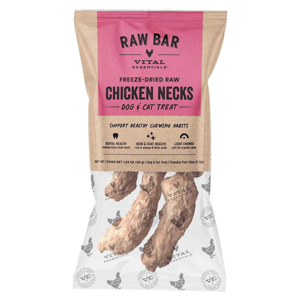 Vital Essentials freeze dried raw bar chicken necks, a single ingredient protein treat for dogs and cats