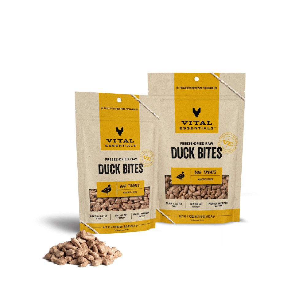 Vital Essentials freeze dried single protein duck bites, a nutrient rich high value training treat that supports canine oral health 2oz and 5.5oz