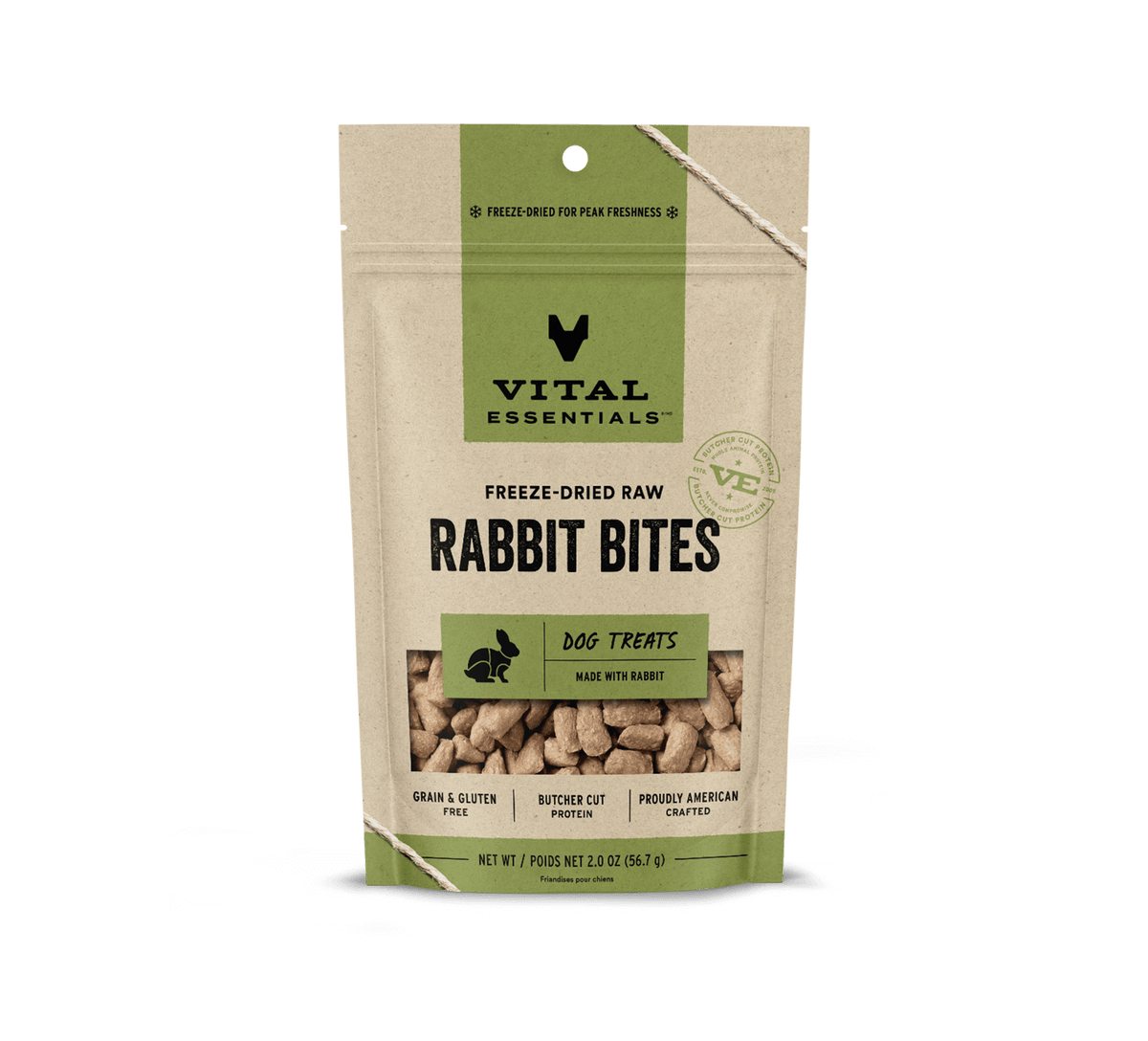 Vital Essentials freeze dried single protein rabbit bites, a nutrient rich high value training treat that supports canine oral health 2oz
