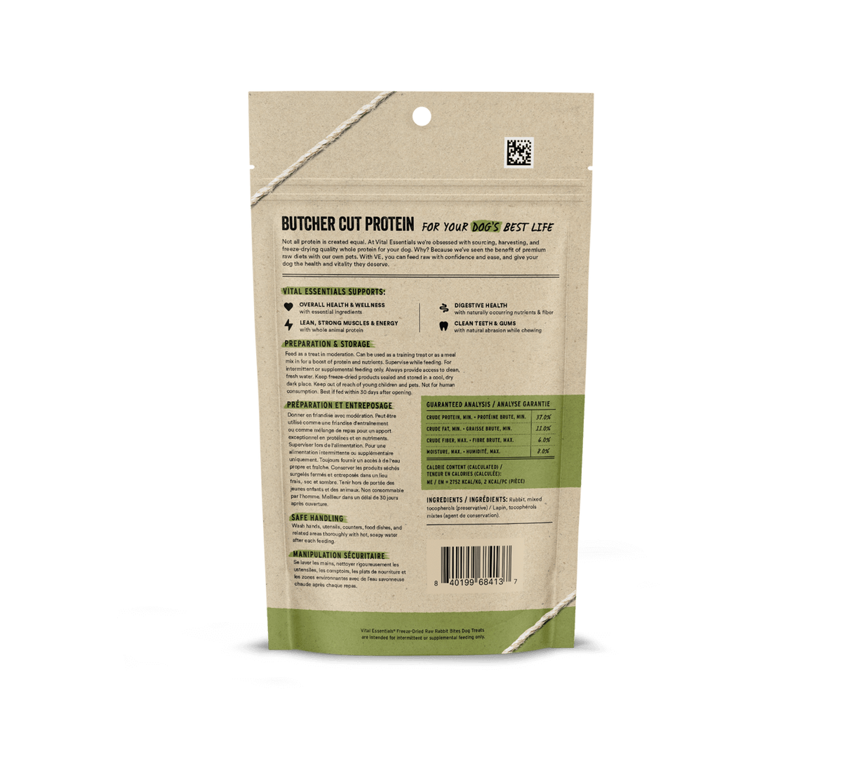Vital Essentials freeze dried single protein rabbit bites, a nutrient rich high value training treat that supports canine oral health 2oz